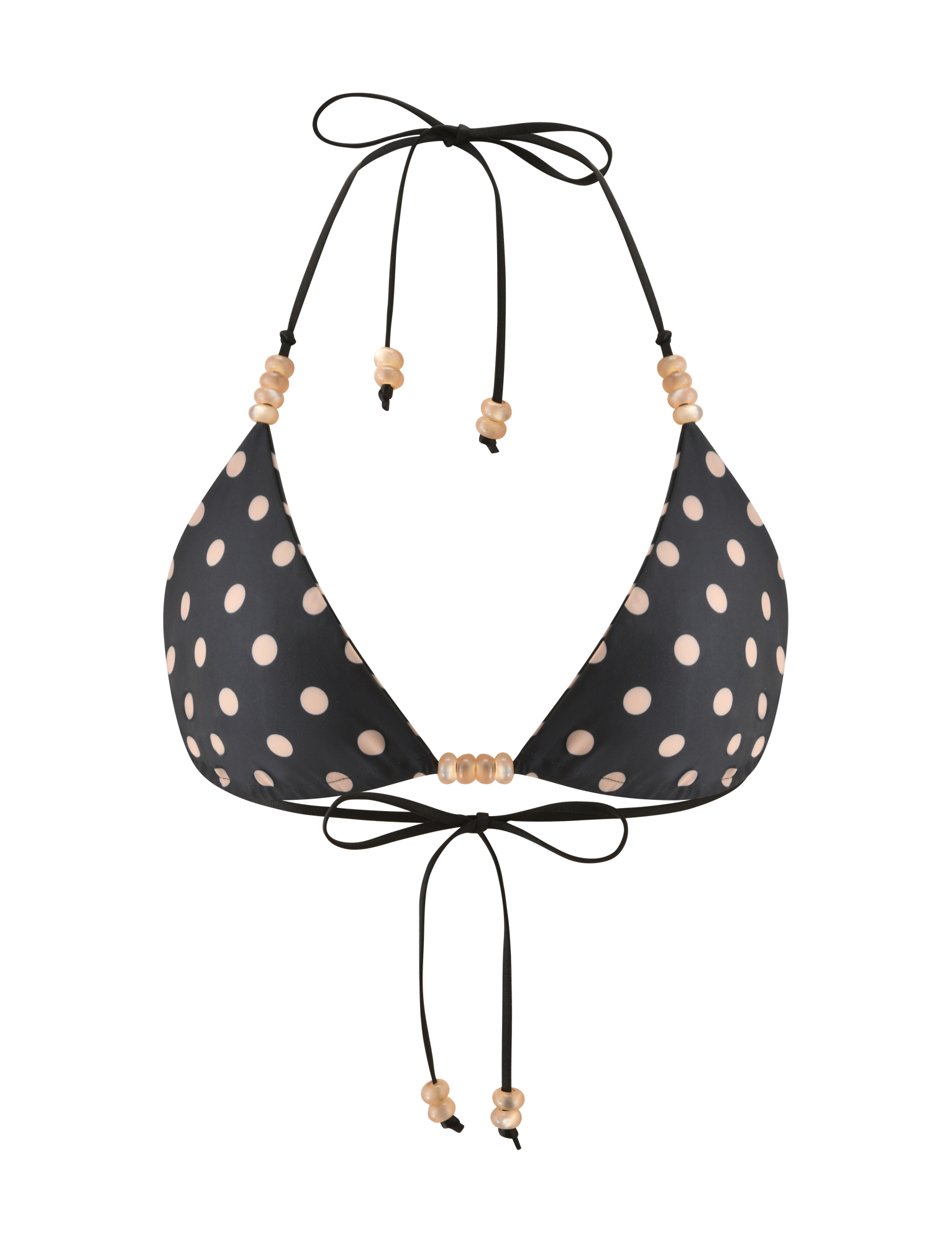 The TIGERMIST FINLEA REVERSIBLE BIKINI TOP in black and tan features an adjustable triangle design with beige polka dots and beaded tie details, showcased on a plain white background.