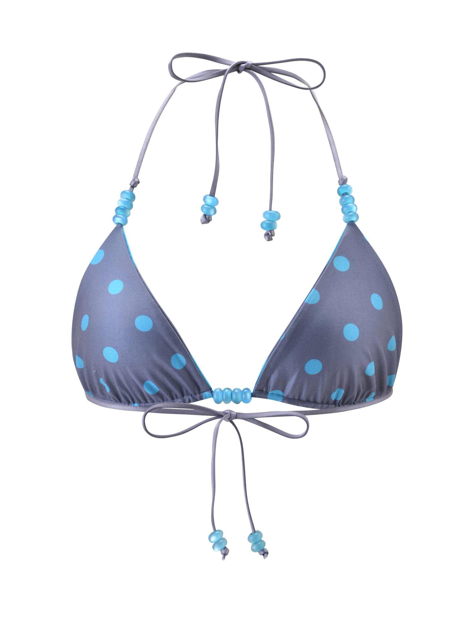 The FINLEA REVERSIBLE BIKINI TOP by TIGERMIST features a blue-grey dot and stripe pattern with an adjustable halter neck and back ties.