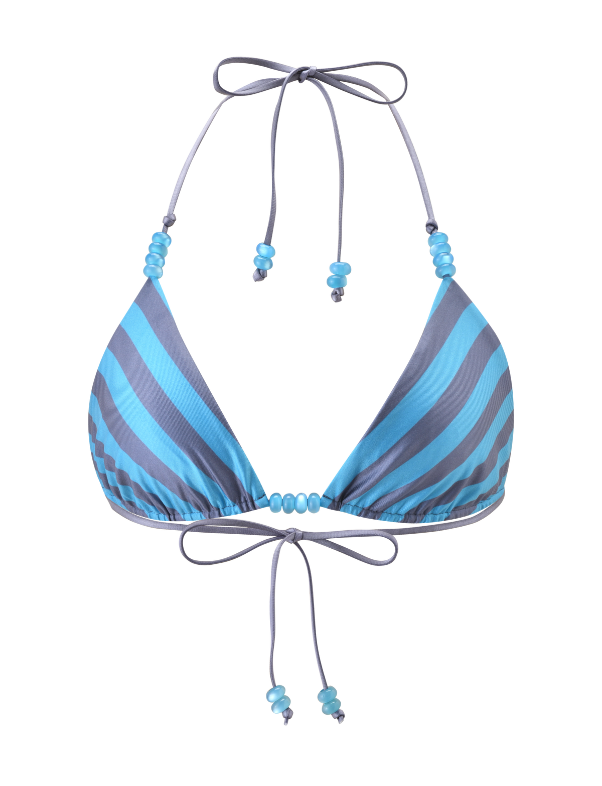 The TIGERMIST FINLEA REVERSIBLE BIKINI TOP features blue and grey dot and stripe patterns, a halter neck, back ties with blue bead accents, and is displayed on a plain white background.