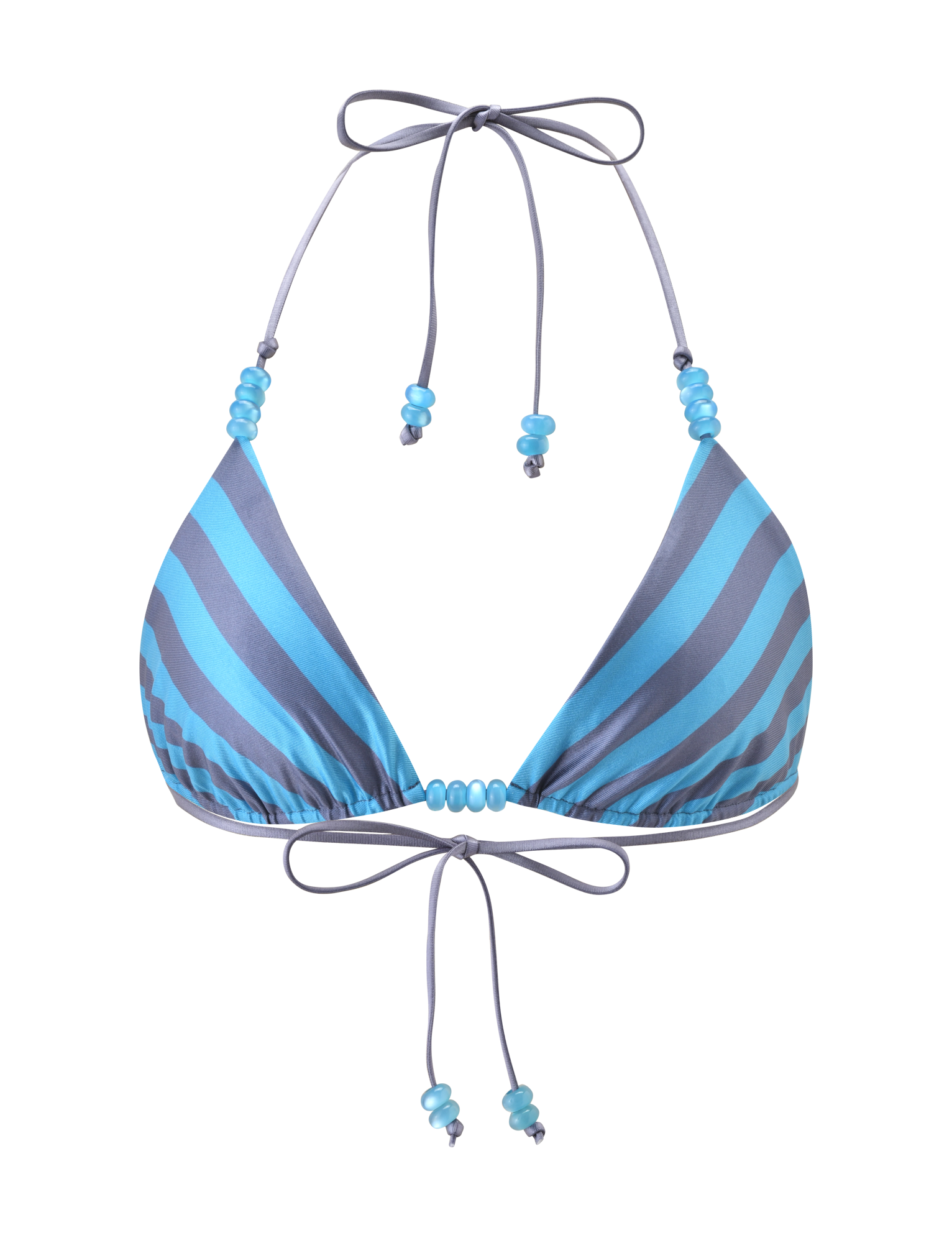 The TIGERMIST FINLEA REVERSIBLE BIKINI TOP features blue and grey dot and stripe patterns, a halter neck, back ties with blue bead accents, and is displayed on a plain white background.