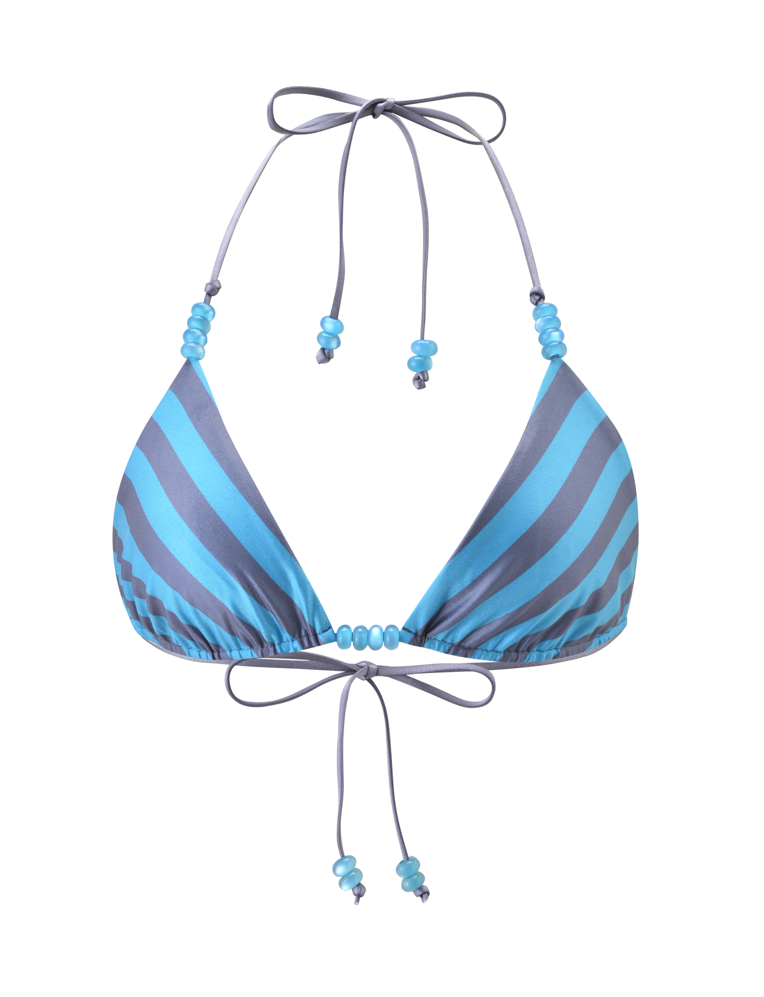 The TIGERMIST FINLEA REVERSIBLE BIKINI TOP - BLUE GREY DOT AND STRIPE features halter neck and back ties with blue bead accents. This stylish top is reversible and showcased on a white background.