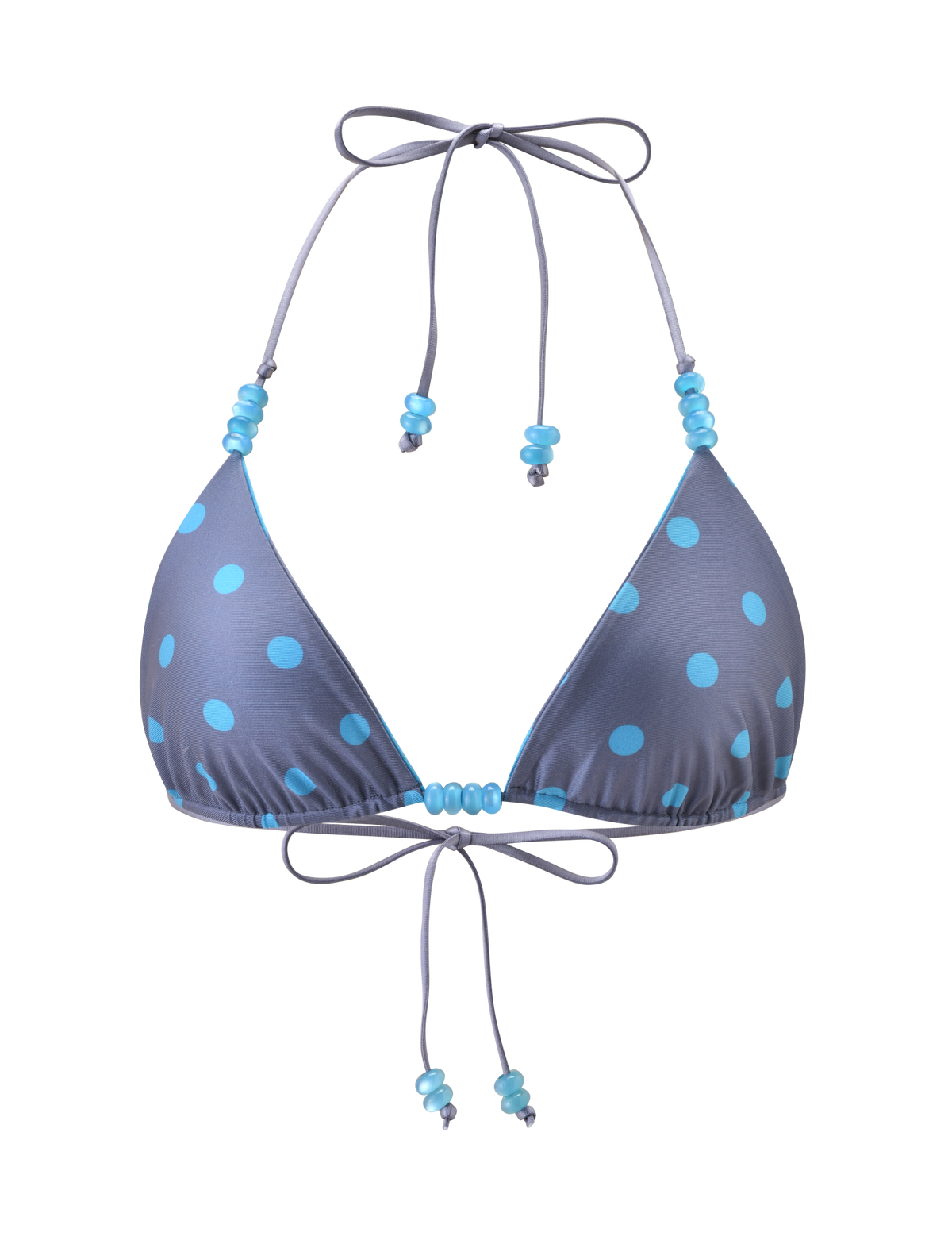 The FINLEA REVERSIBLE BIKINI TOP by TIGERMIST features a gray halter neck triangle design with blue dots and bead accents on the ties, shown against a plain white background.