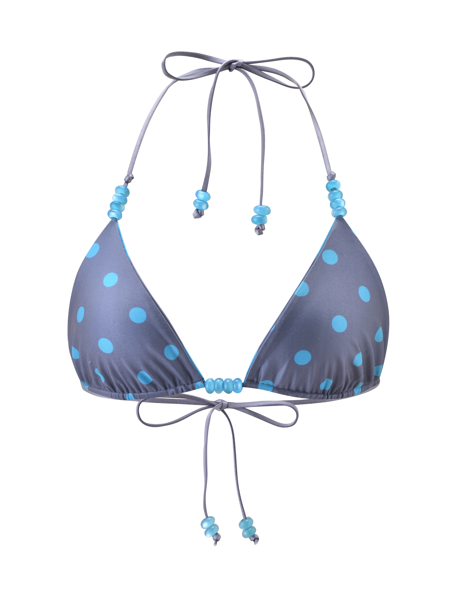 The FINLEA REVERSIBLE BIKINI TOP by TIGERMIST features a gray halter neck triangle design with blue dots and bead accents on the ties, shown against a plain white background.