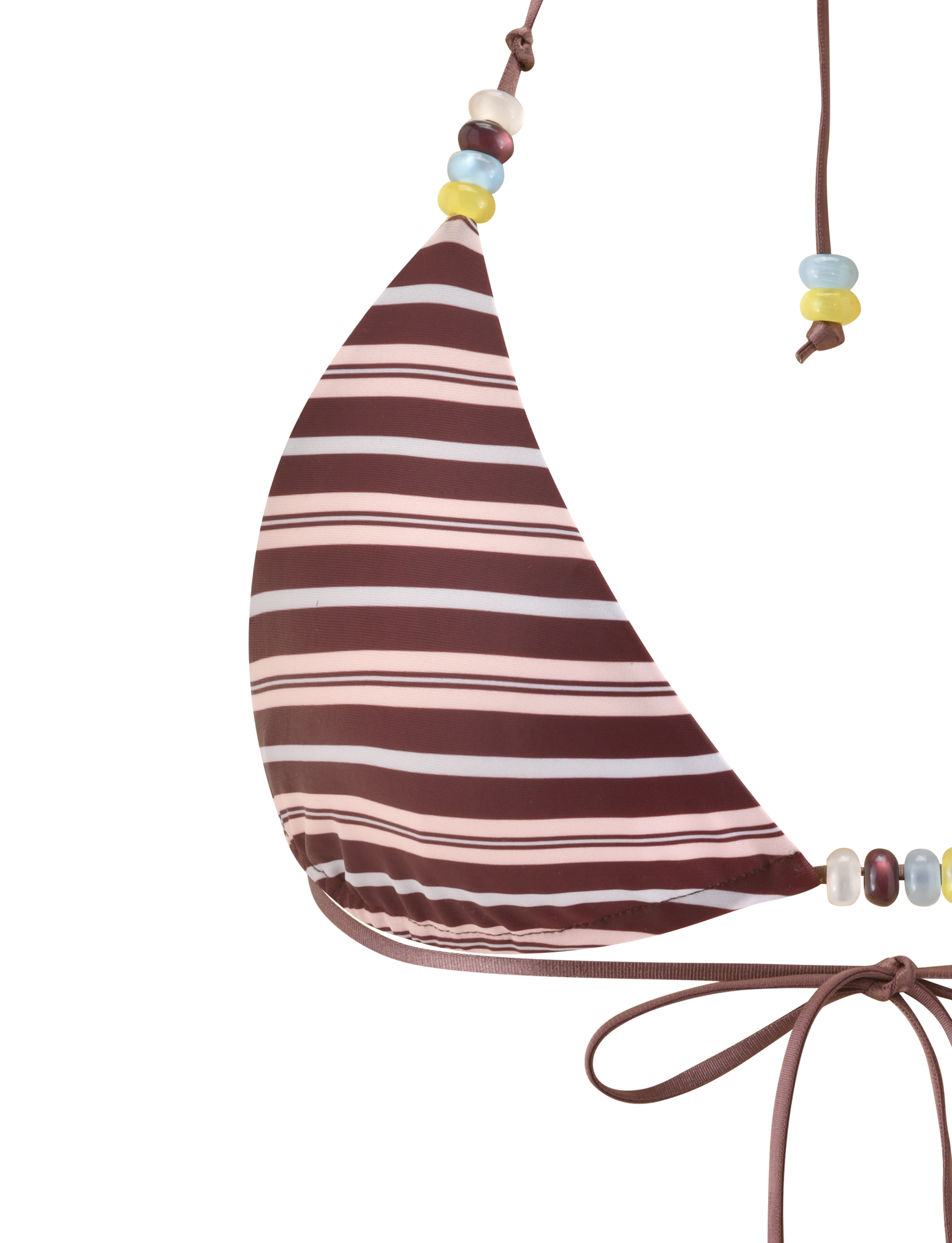 Close-up of the TIGERMIST FINLEA REVERSIBLE BIKINI TOP in brown and blue stripes, featuring adjustable triangle cups, multicolour beaded strap details, and a brown string tie at the bottom.