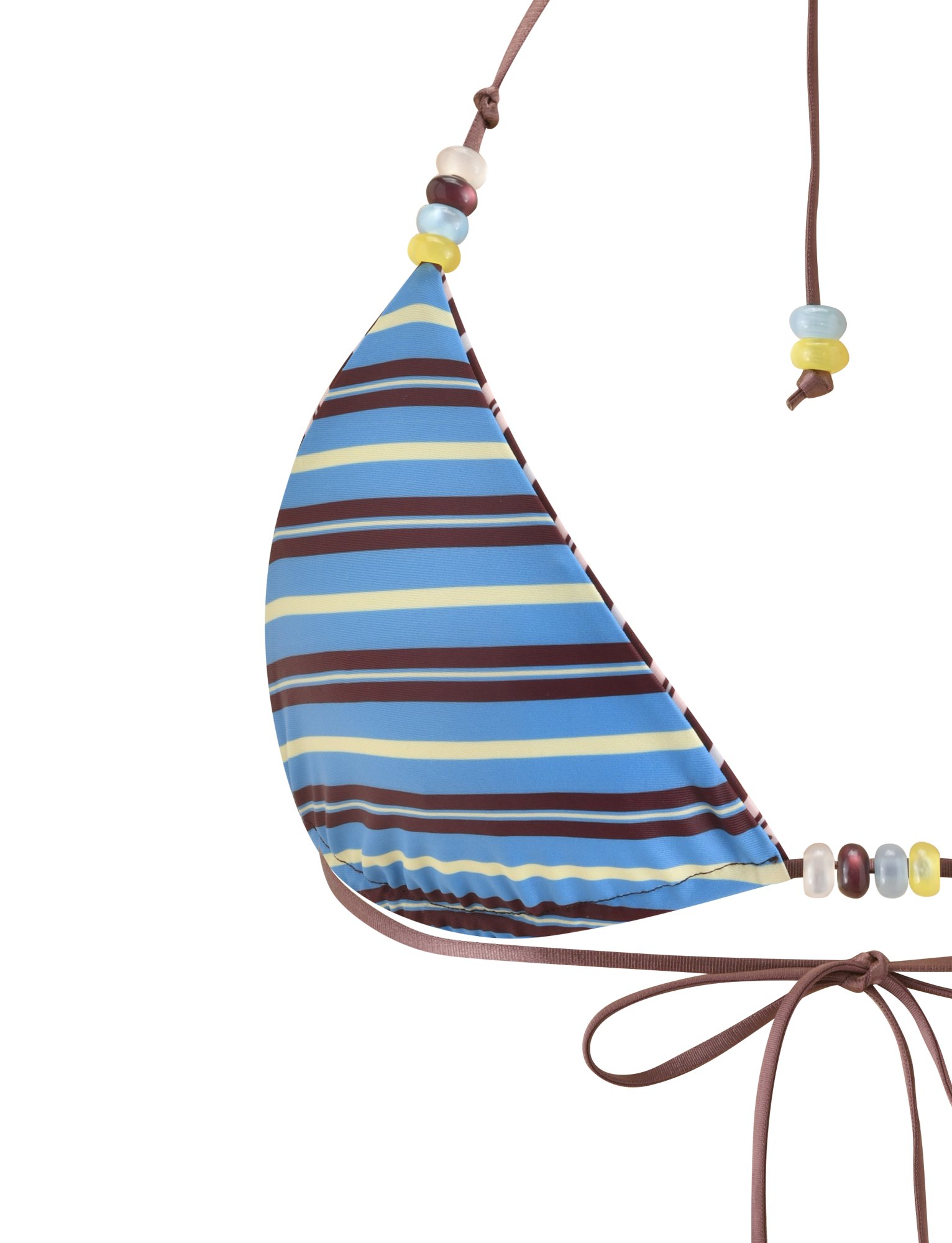 The FINLEA REVERSIBLE BIKINI TOP by TIGERMIST features adjustable triangle cups, brown and blue horizontal stripes, string ties, and multicoloured beaded strap details.