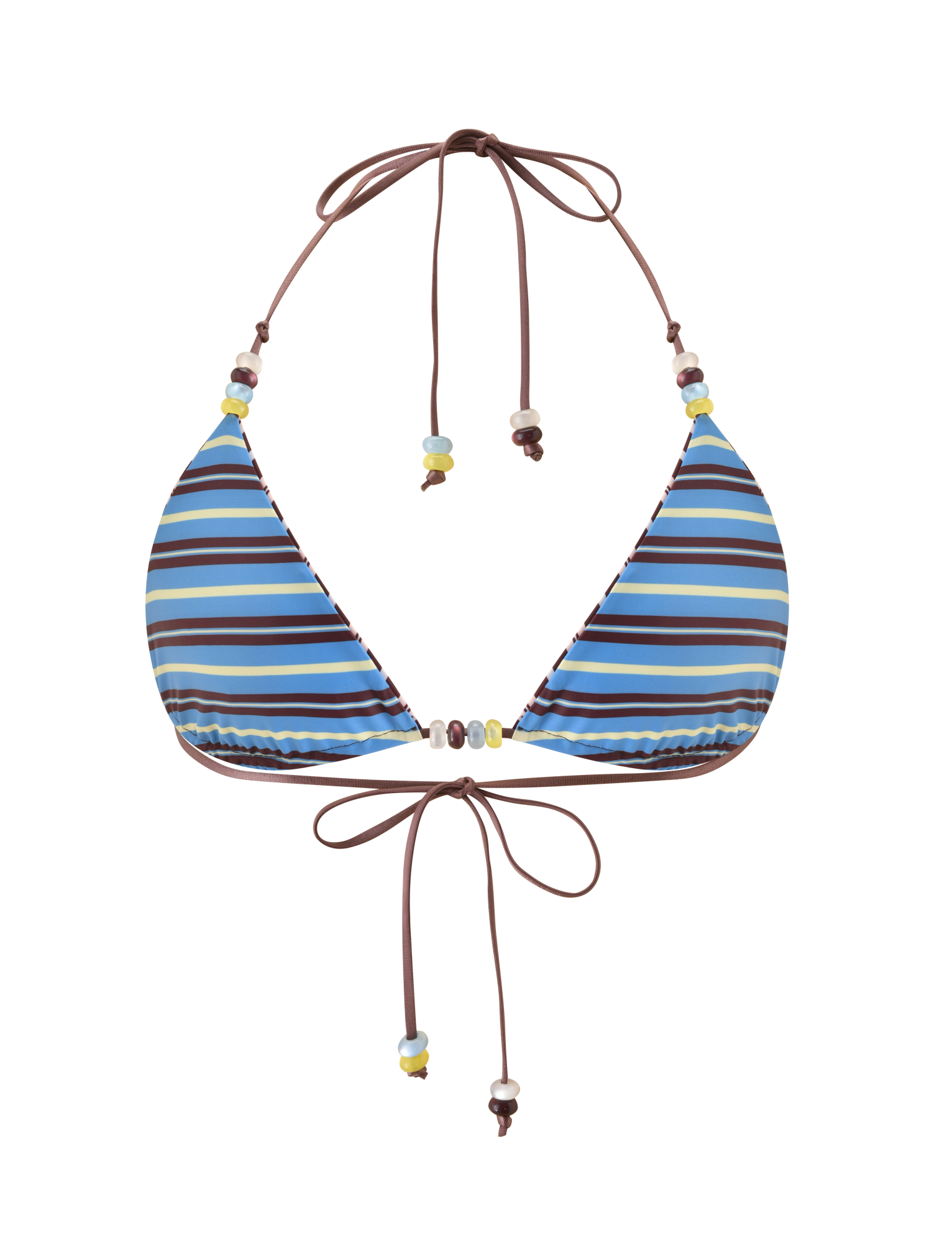 The TIGERMIST FINLEA REVERSIBLE BIKINI TOP features brown and blue stripes, adjustable triangle cups, brown string ties, and multicolour beads on the straps, shown on a plain white background.
