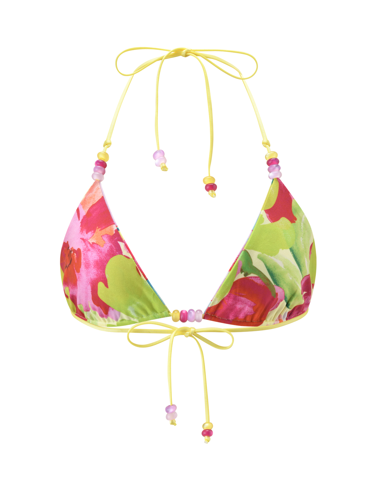 The TIGERMIST FINLEA REVERSIBLE BIKINI TOP - GARDEN DAIQUIRI FLORAL features a vibrant floral print, yellow straps, and multicolored beads on the ties. Displayed on a white background, this top offers two stylish looks in one.