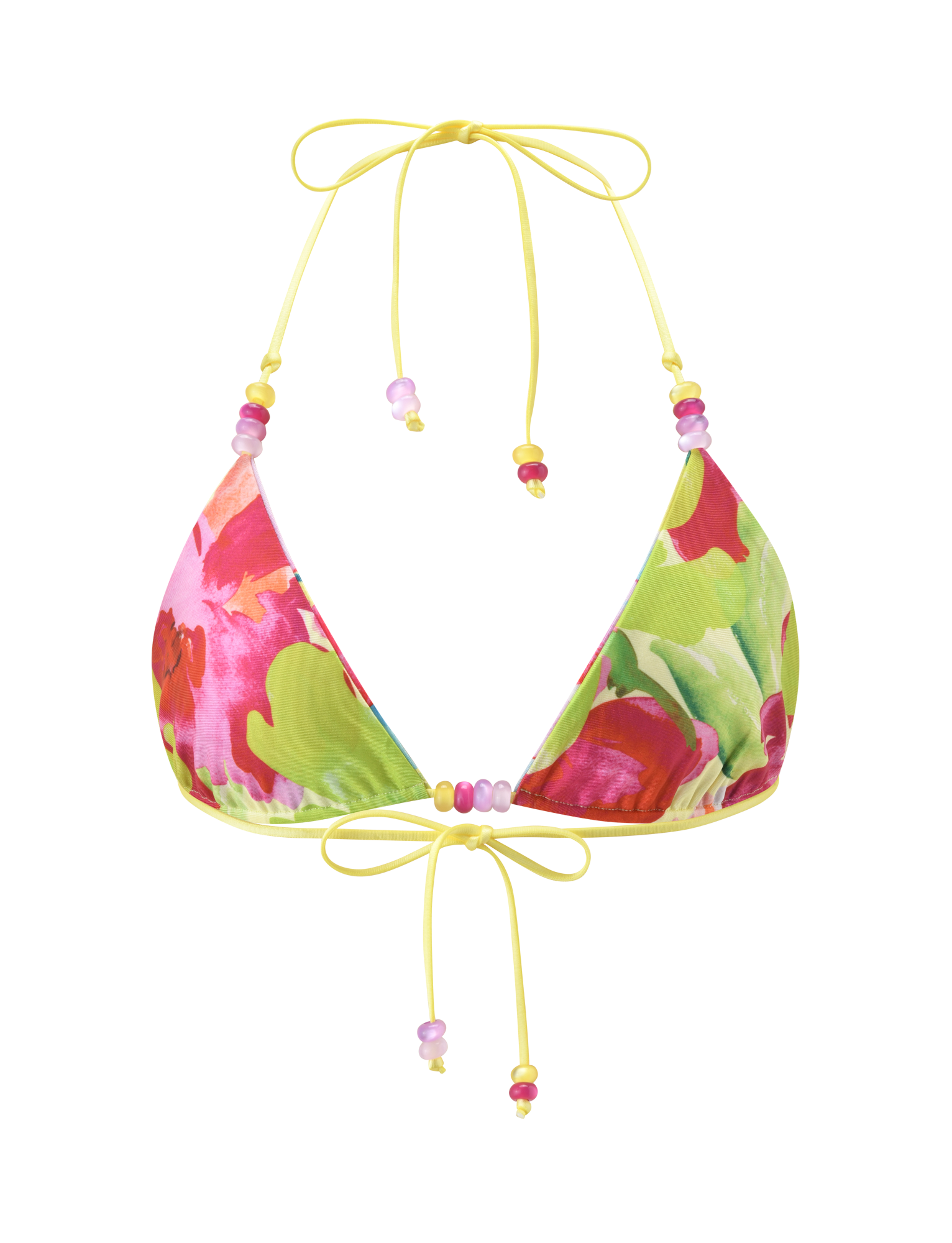 The TIGERMIST FINLEA REVERSIBLE BIKINI TOP - GARDEN DAIQUIRI FLORAL features a vibrant floral print, yellow straps, and multicolored beads on the ties. Displayed on a white background, this top offers two stylish looks in one.