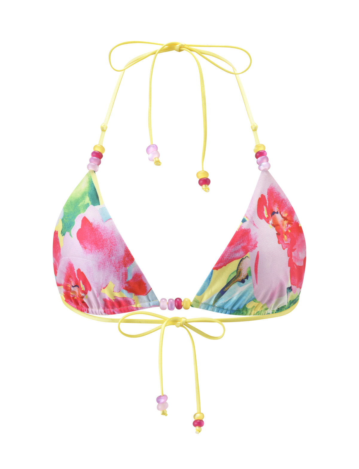 The TIGERMIST FINLEA REVERSIBLE BIKINI TOP - GARDEN DAIQUIRI FLORAL features a colorful triangle design with yellow string ties, pink and purple beads, and a vibrant floral print for versatile swim style.