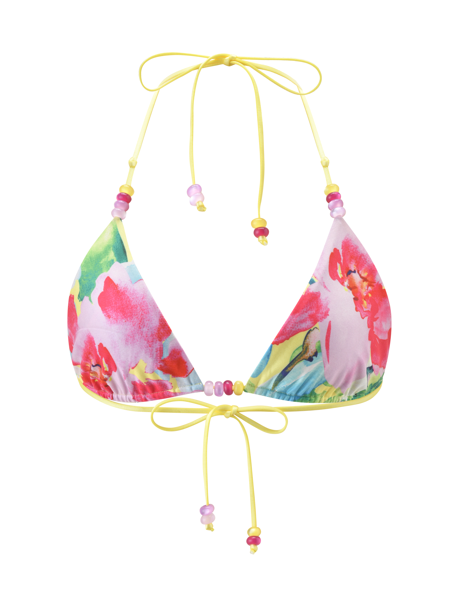 The TIGERMIST FINLEA REVERSIBLE BIKINI TOP - GARDEN DAIQUIRI FLORAL features a colorful triangle design with yellow string ties, pink and purple beads, and a vibrant floral print for versatile swim style.