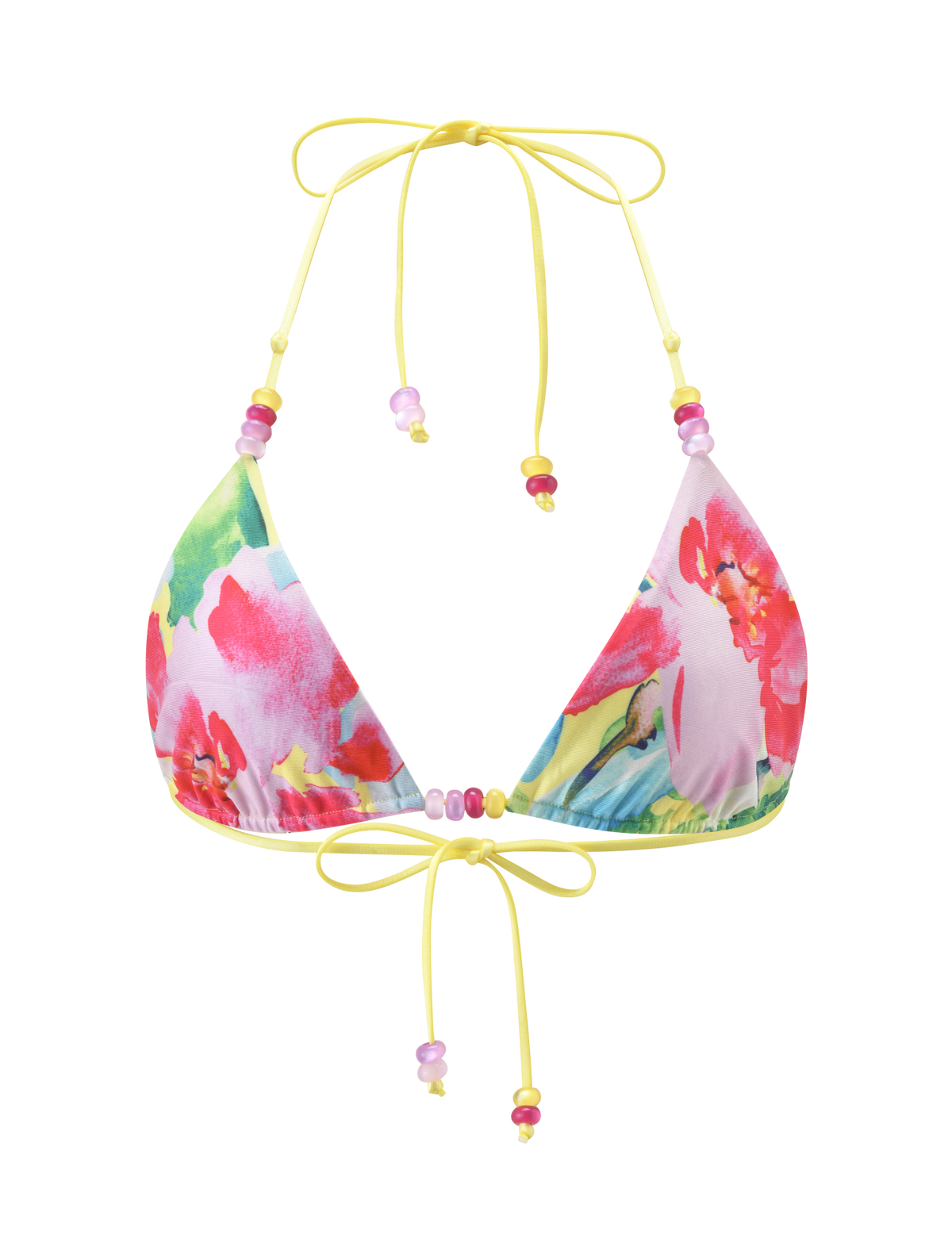 The FINLEA REVERSIBLE BIKINI TOP - GARDEN DAIQUIRI FLORAL by TIGERMIST features vibrant pink, red, and green florals, yellow straps with pink and purple beads. This playful triangle top brightens any swimwear collection.