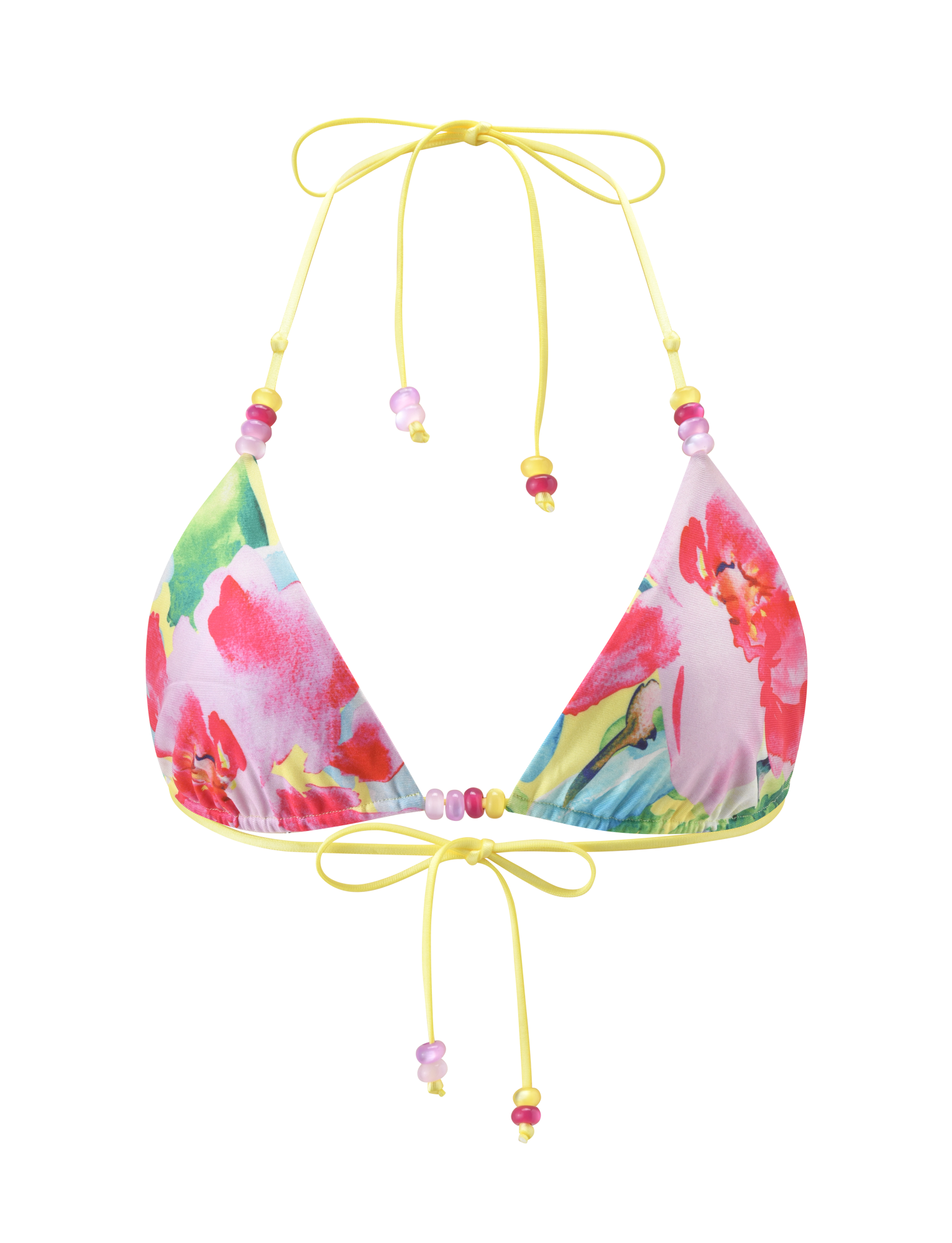 The FINLEA REVERSIBLE BIKINI TOP - GARDEN DAIQUIRI FLORAL by TIGERMIST features vibrant pink, red, and green florals, yellow straps with pink and purple beads. This playful triangle top brightens any swimwear collection.