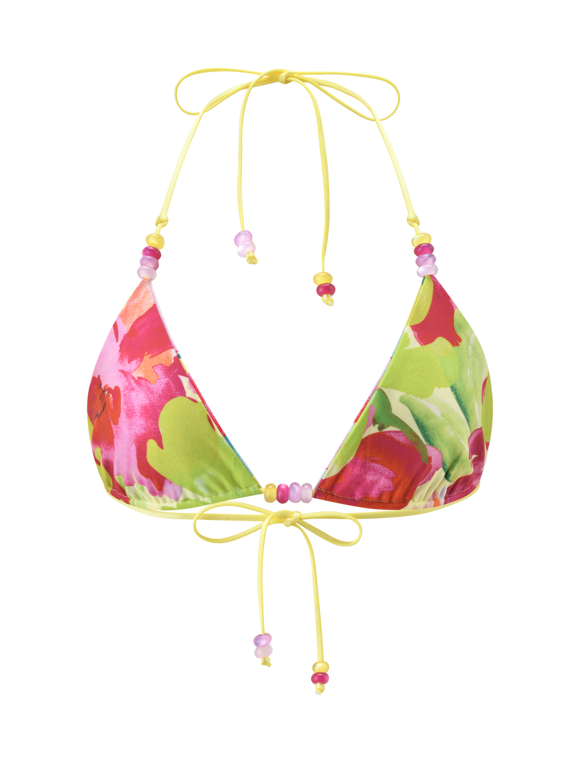 The TIGERMIST FINLEA REVERSIBLE BIKINI TOP in Garden Daiquiri Floral features a colorful triangle design with pink, red, green, and yellow floral print and yellow string ties accented by pink and yellow beads.