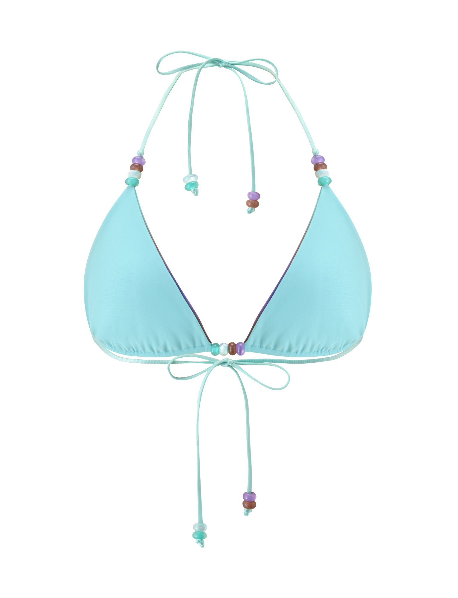 The TIGERMIST REVERSIBLE FINLEA BIKINI TOP in Mermaid Ombre Stripe is a light blue adjustable triangle bikini top featuring multicolored beads on the neck and front ties, displayed against a white background.
