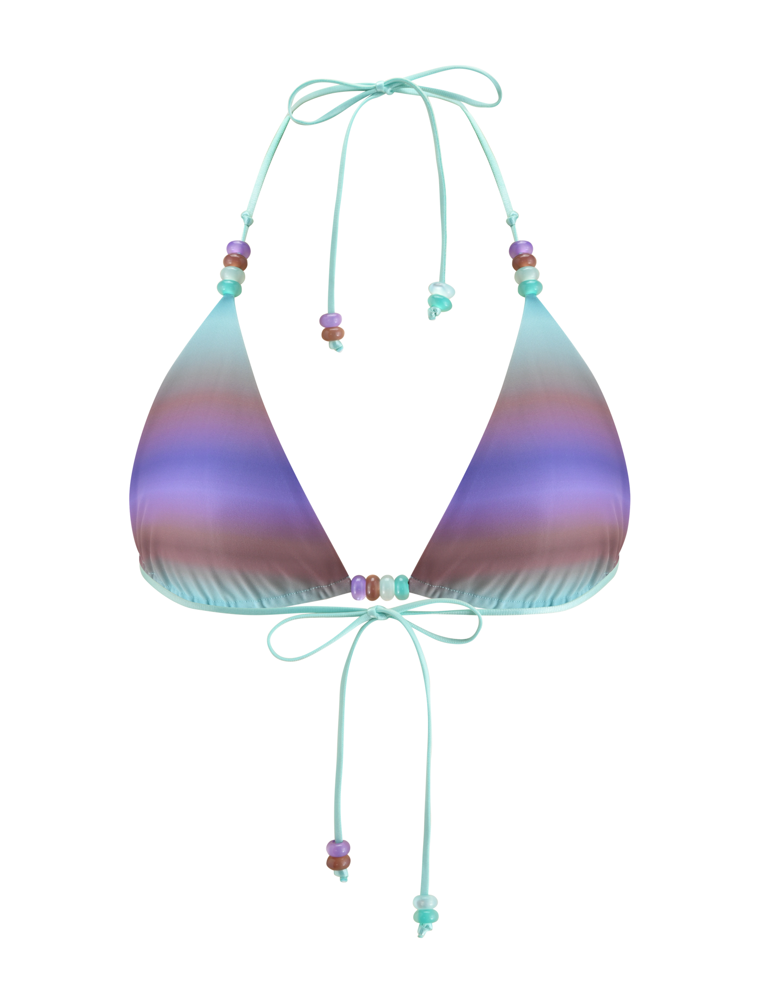The REVERSIBLE FINLEA BIKINI TOP - MERMAID OMBRE STRIPE by TIGERMIST features a striking multicolour ombre design in shades of blue, purple, and brown. With light blue string ties and colorful beads accenting the neck and back straps, this adjustable triangle bikini top offers vibrant hues and stylish details for a standout summer look, shown here on a white background.