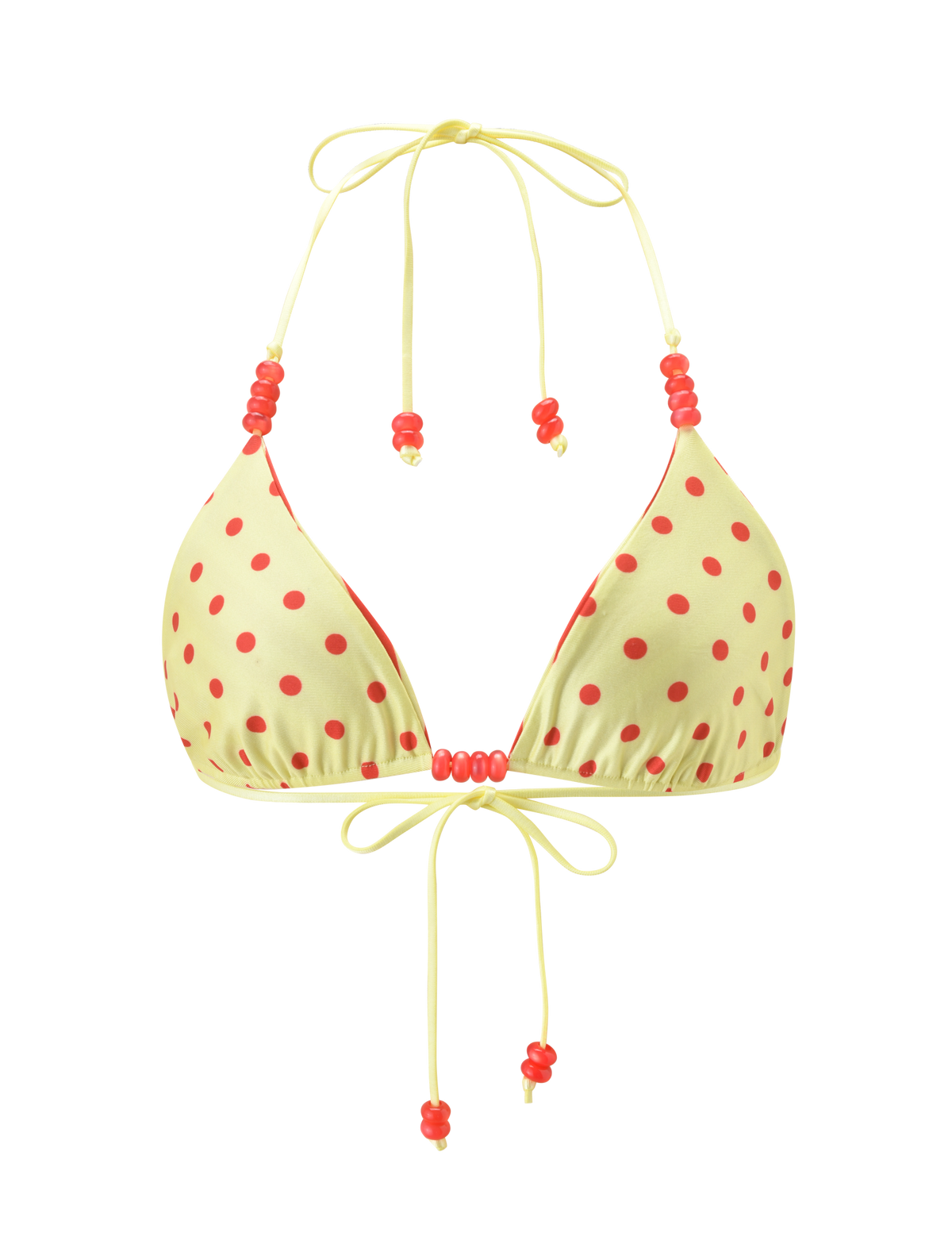The TIGERMIST FINLEA REVERSIBLE BIKINI TOP features a playful red and yellow dot and stripe design with adjustable ties, adding a modern twist to classic polka dot swimwear.