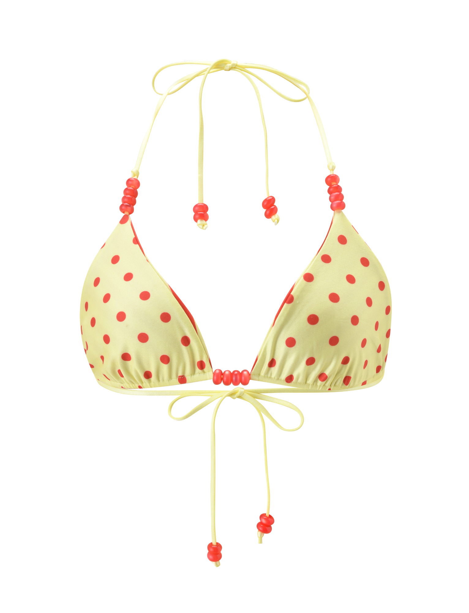 The TIGERMIST FINLEA REVERSIBLE BIKINI TOP features a playful red and yellow dot and stripe design with adjustable ties, adding a modern twist to classic polka dot swimwear.