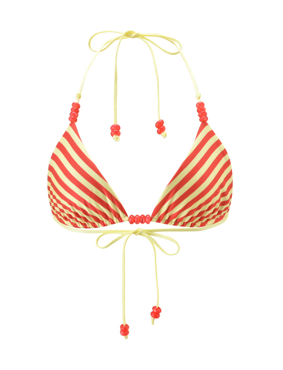 The TIGERMIST FINLEA REVERSIBLE BIKINI TOP features yellow and red dot-and-stripe patterns, a halter neck, string ties, and red bead accents on the straps and front.