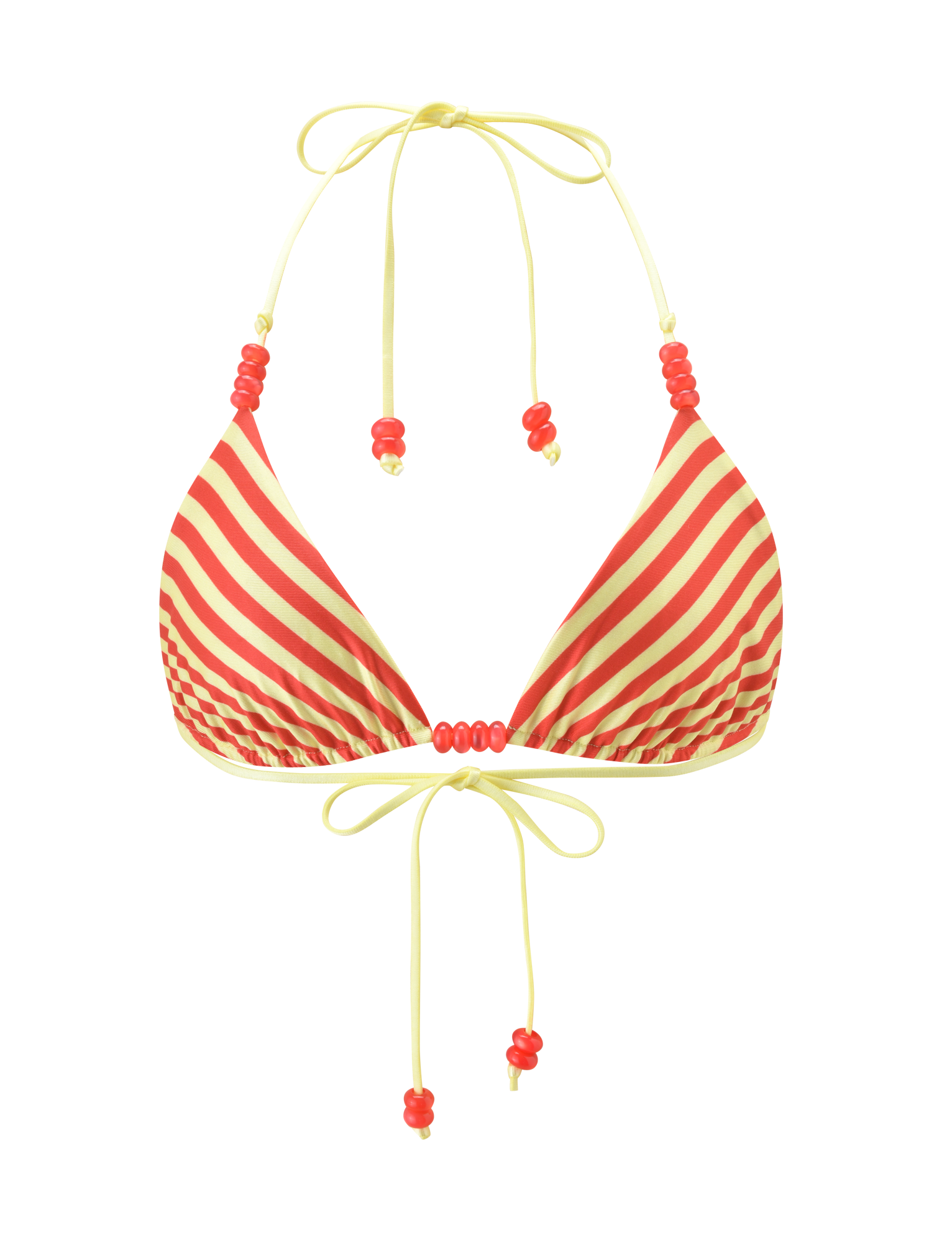 The TIGERMIST FINLEA REVERSIBLE BIKINI TOP features yellow and red dot-and-stripe patterns, a halter neck, string ties, and red bead accents on the straps and front.