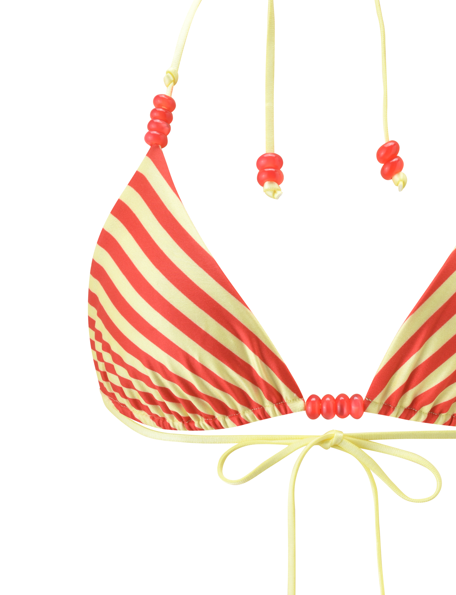 A close-up of the TIGERMIST FINLEA Reversible Bikini Top in red, yellow dot, and stripe print with bead accents, shown against a white background.