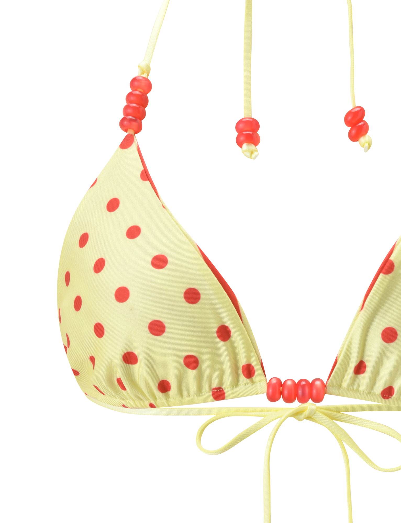 The TIGERMIST FINLEA REVERSIBLE BIKINI TOP in red yellow dot and stripe features adjustable triangle cups, playful red polka dots, and bead accents on straps with a string tie, shown against a white background.
