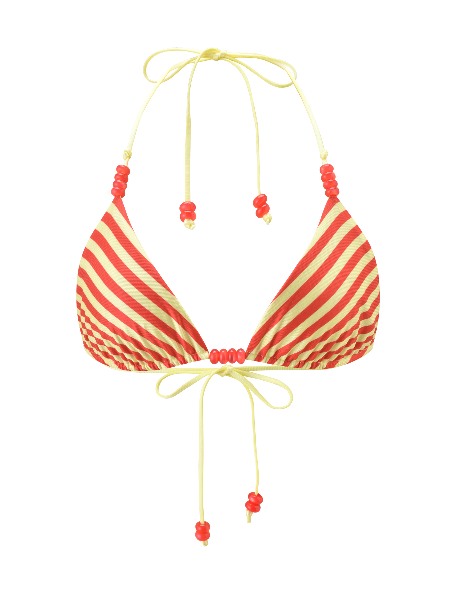 The TIGERMIST FINLEA REVERSIBLE BIKINI TOP features diagonal yellow and red stripes, yellow neck and back ties, and small red bead details on the strings.