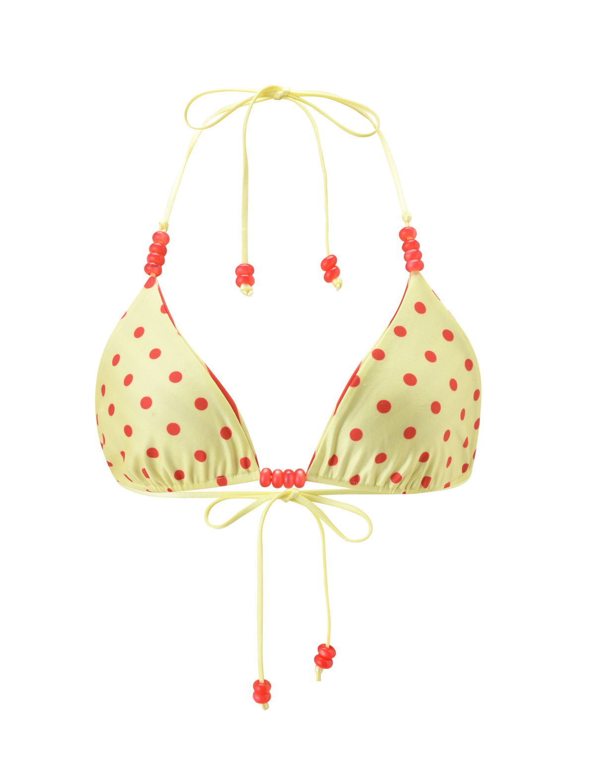 The TIGERMIST FINLEA REVERSIBLE BIKINI TOP features a yellow triangle style with red polka dots, adjustable string ties, and red bead accents—perfect for adding playful charm to your beach look.