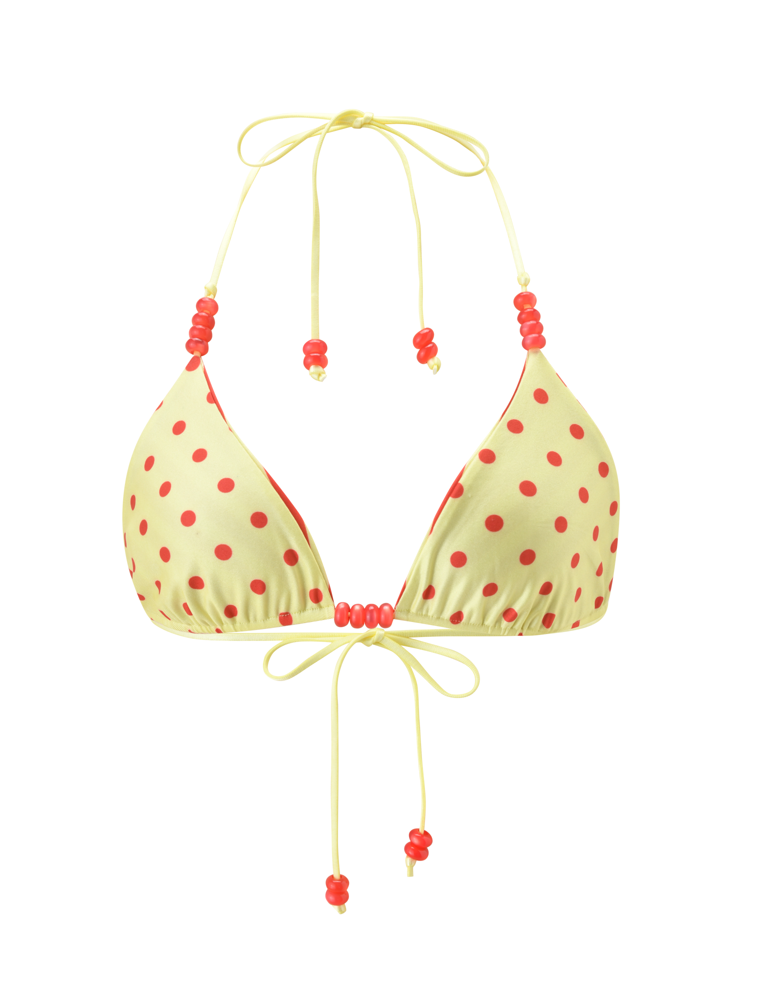 The TIGERMIST FINLEA REVERSIBLE BIKINI TOP features a yellow triangle style with red polka dots, adjustable string ties, and red bead accents—perfect for adding playful charm to your beach look.