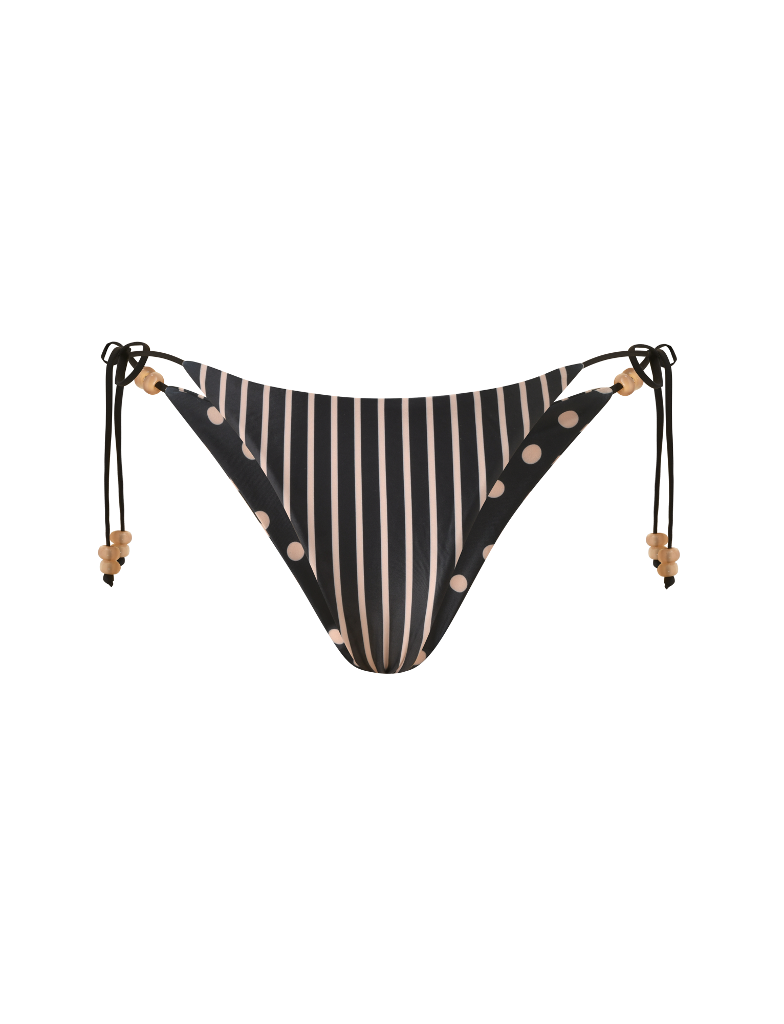The TIGERMIST FINLEA REVERSIBLE BIKINI BOTTOM in black and tan features a cheeky cut, tan vertical stripes with polka dots, and adjustable side ties with beads. Displayed on a plain white background.