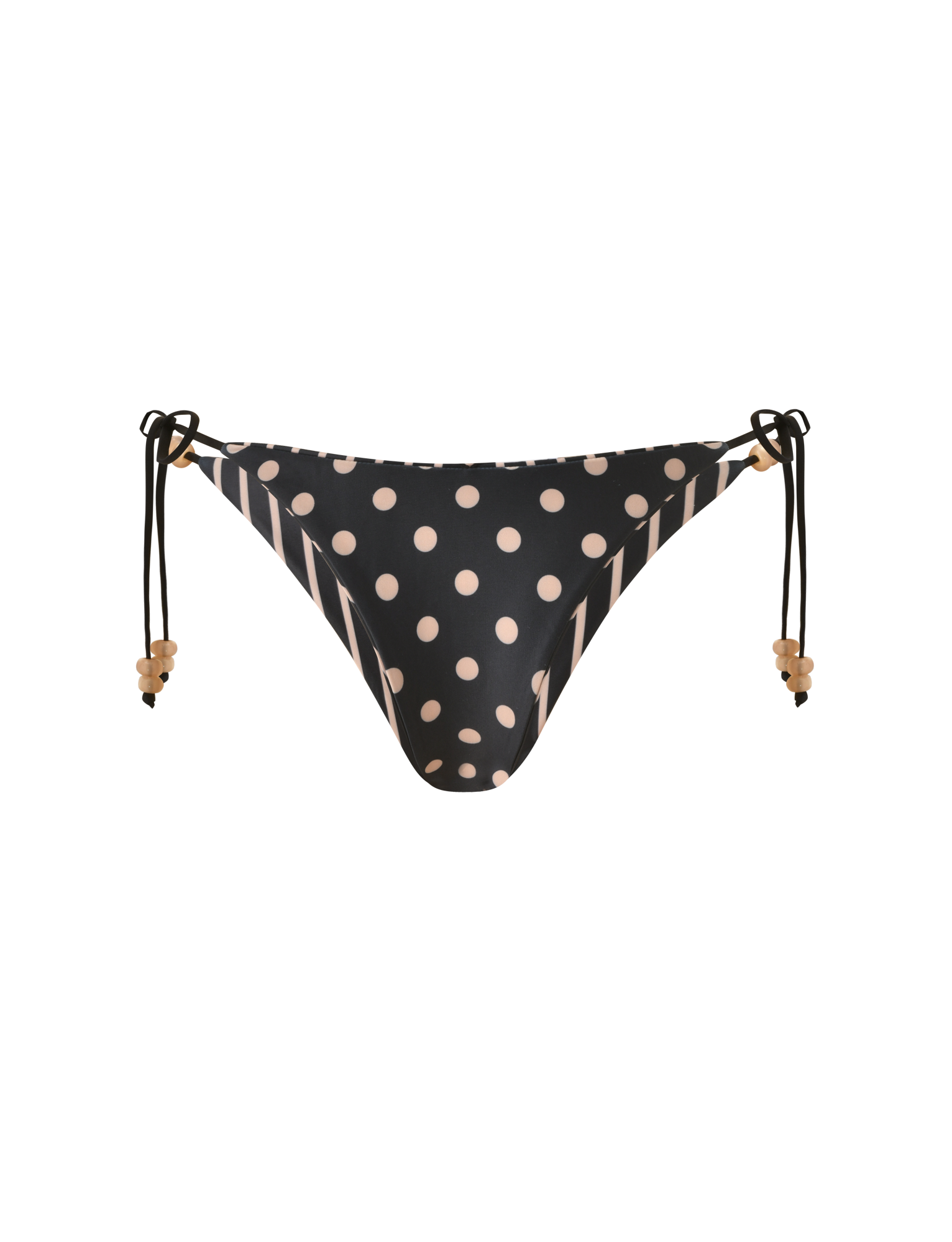 The TIGERMIST FINLEA REVERSIBLE BIKINI BOTTOM in black and tan features a cheeky cut, light pink polka dots, tan side stripes, and adjustable side ties with beaded details, shown on a plain white background.
