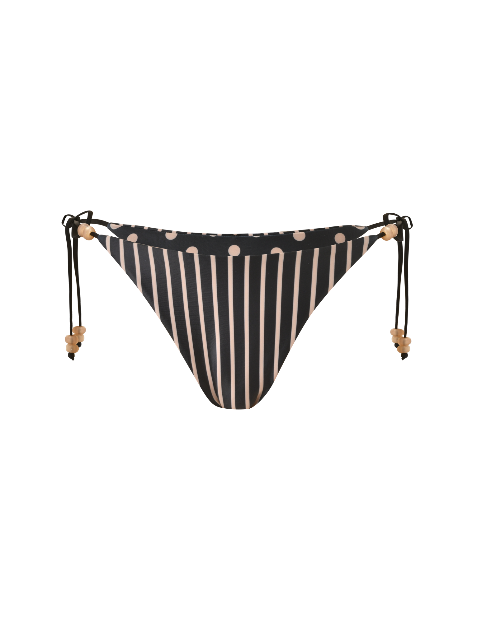 The FINLEA REVERSIBLE BIKINI BOTTOM by TIGERMIST features a black and tan design with vertical stripes, dots, a cheeky cut, and adjustable side ties with bead accents, shown on a plain white background.