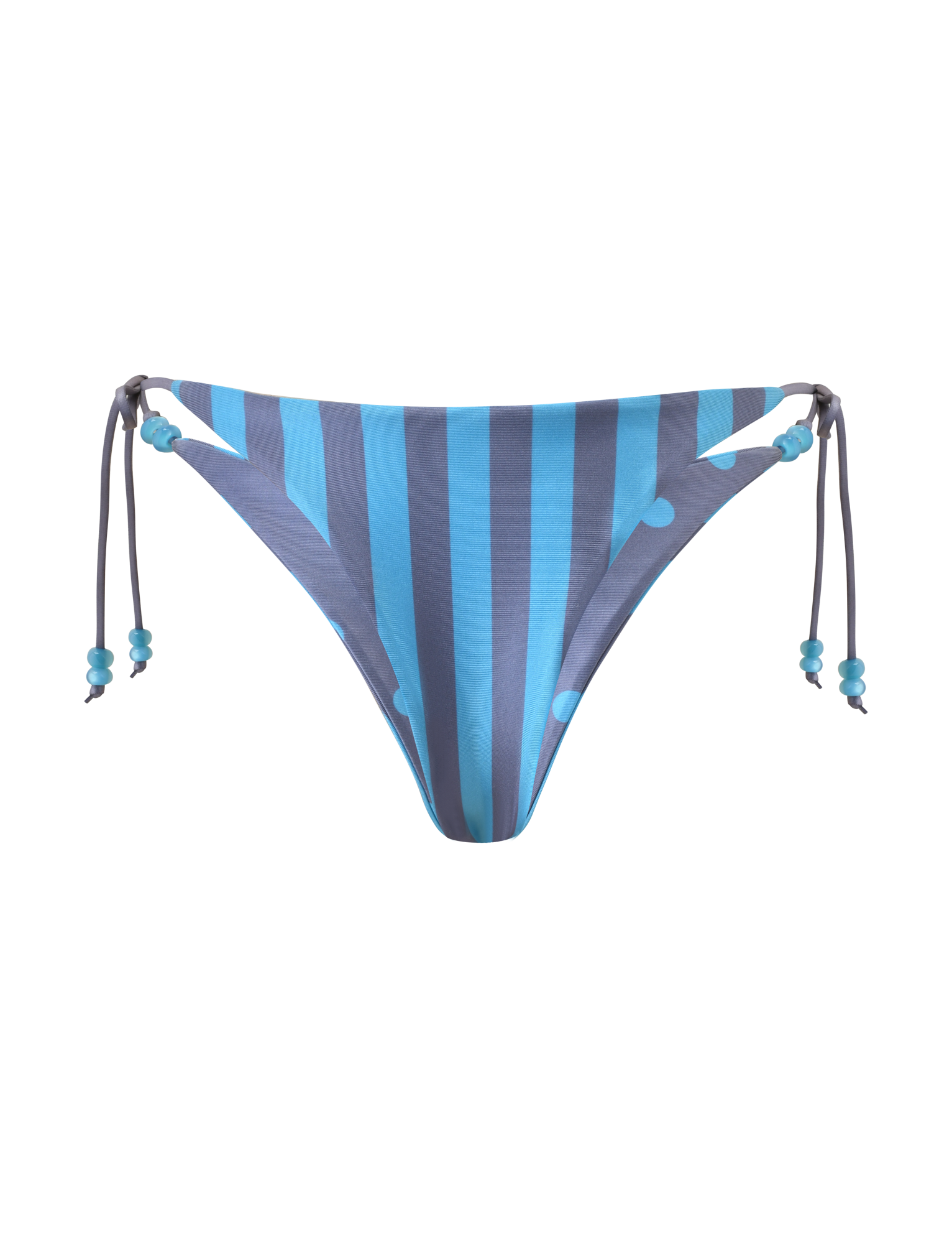 TIGERMIST FINLEA REVERSIBLE BIKINI BOTTOM in blue grey dot and stripe features a cheeky cut, side ties, beaded accents, and is shown on a plain white background.