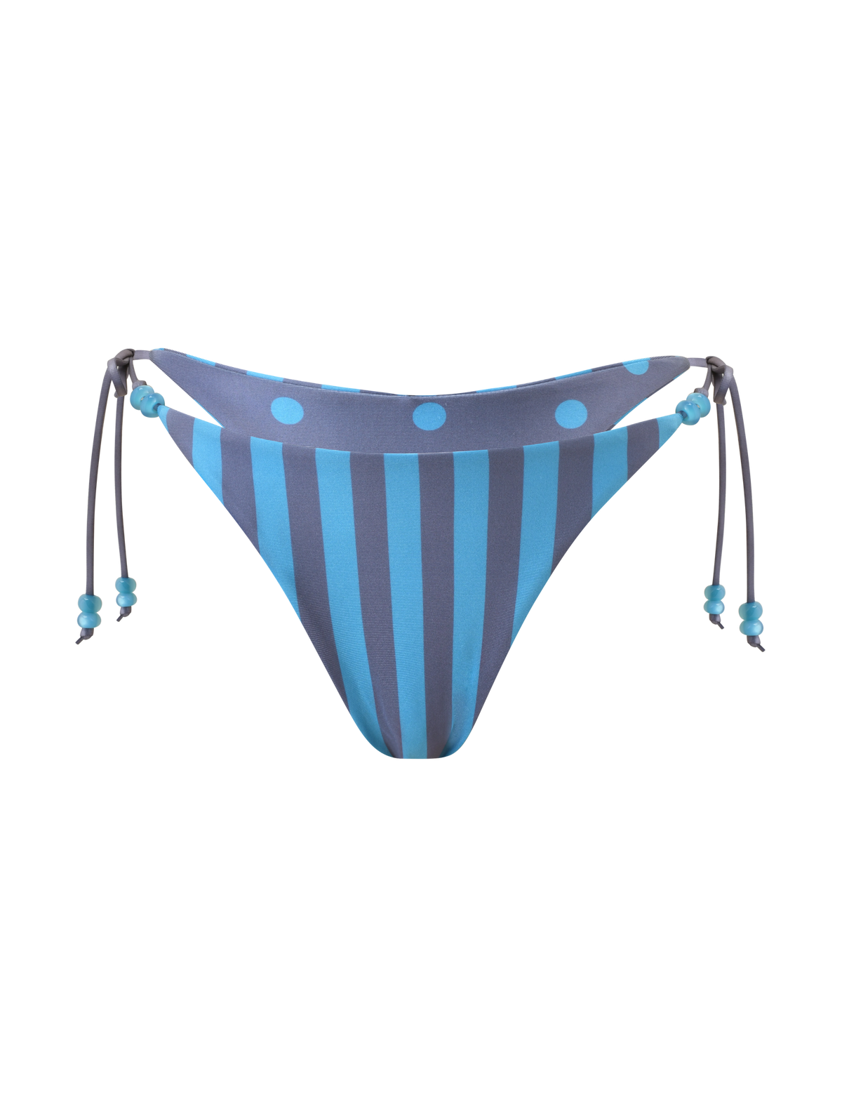 The TIGERMIST FINLEA REVERSIBLE BIKINI BOTTOM features blue-grey stripes and dots with side ties and beaded accents, shown against a plain white background.