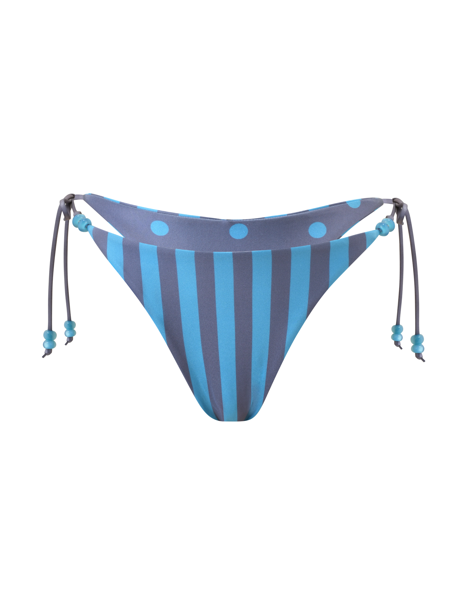 The TIGERMIST FINLEA REVERSIBLE BIKINI BOTTOM features blue-grey stripes and dots with side ties and beaded accents, shown against a plain white background.