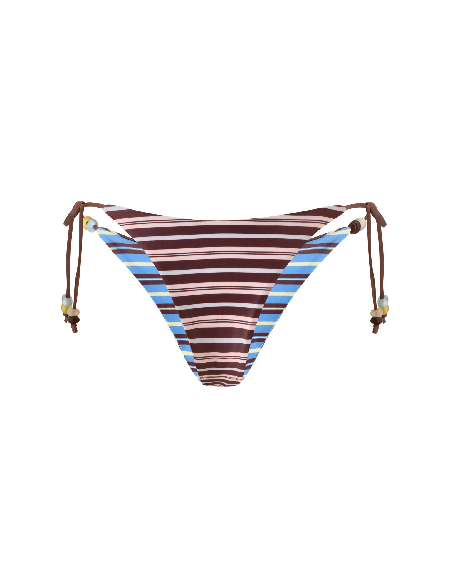 The TIGERMIST FINLEA REVERSIBLE BIKINI BOTTOM in brown and blue stripe features cheeky coverage, horizontal stripes, and brown side ties with beaded accents, shown here against a plain white background.
