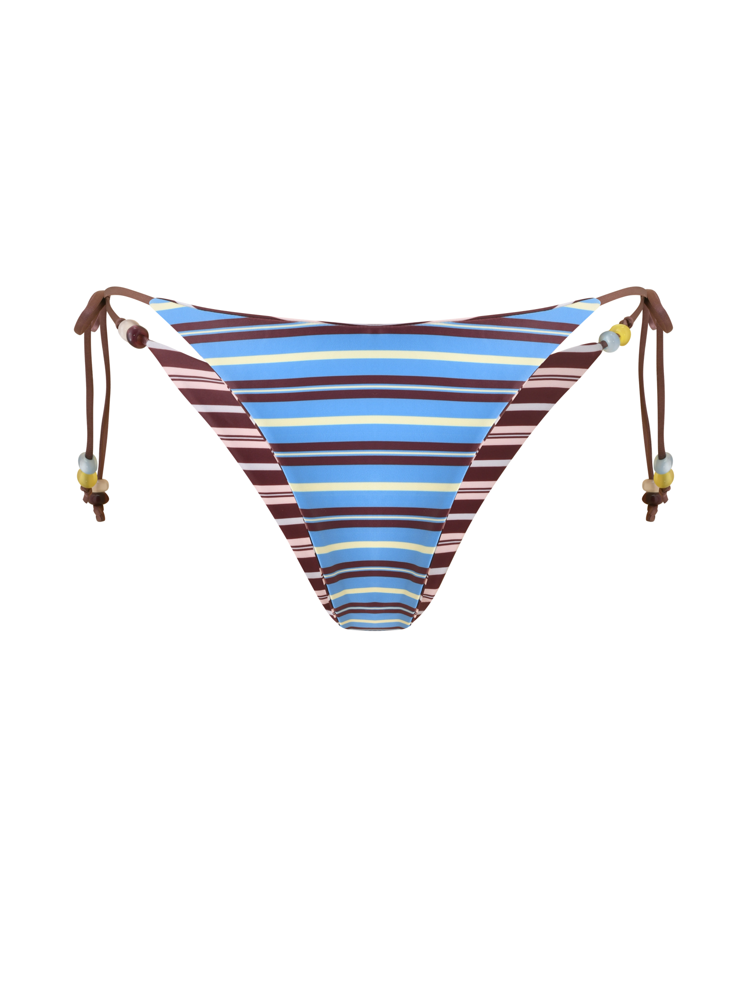 The TIGERMIST FINLEA REVERSIBLE BIKINI BOTTOM in brown and blue stripe features horizontal stripes, beaded brown side ties, and a cheeky cut, shown on a plain white background.