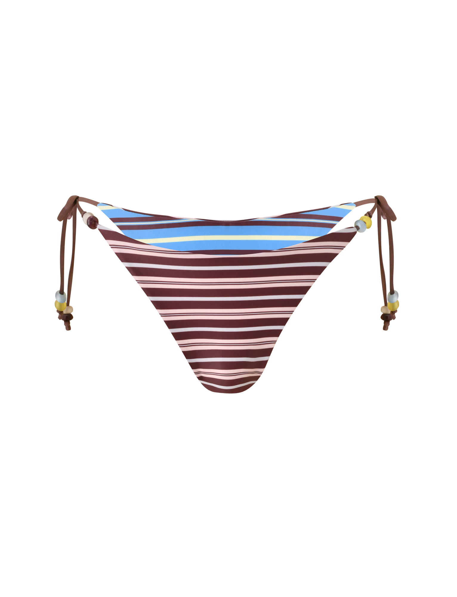 The TIGERMIST FINLEA REVERSIBLE BIKINI BOTTOM in brown and blue stripe features a cheeky cut with side ties and beaded accents, shown on a plain white background.