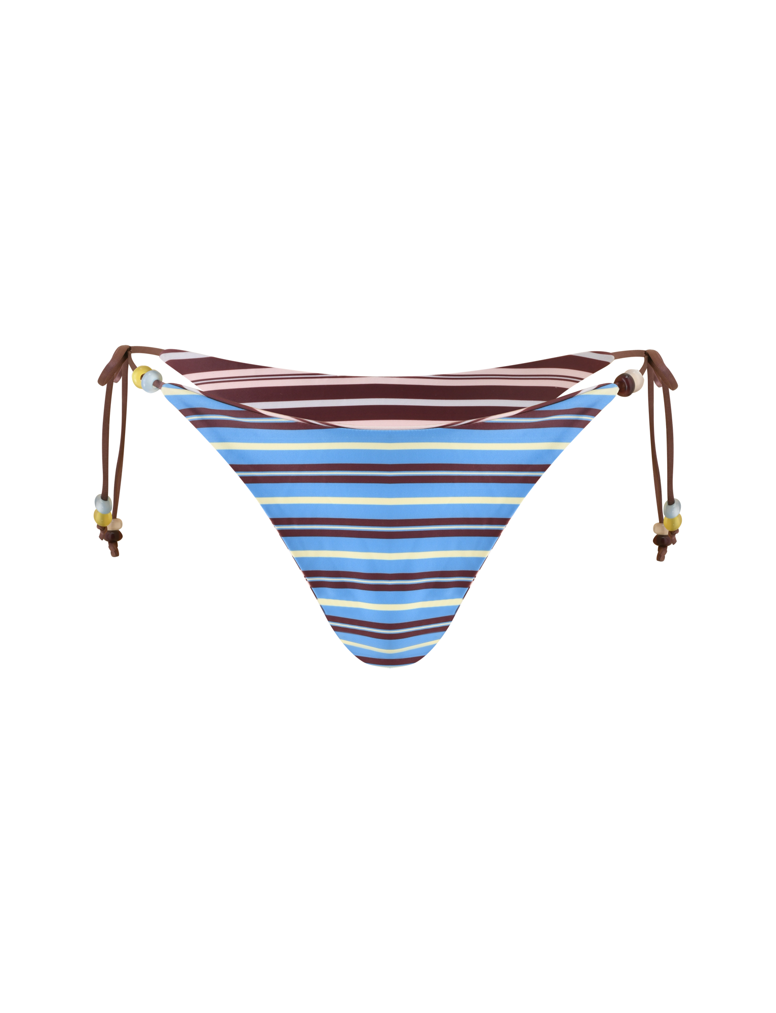 The TIGERMIST FINLEA REVERSIBLE BIKINI BOTTOM - BROWN AND BLUE STRIPE features a cheeky cut, blue, brown, white, and yellow stripes, side ties with brown strings, and beaded ends.
