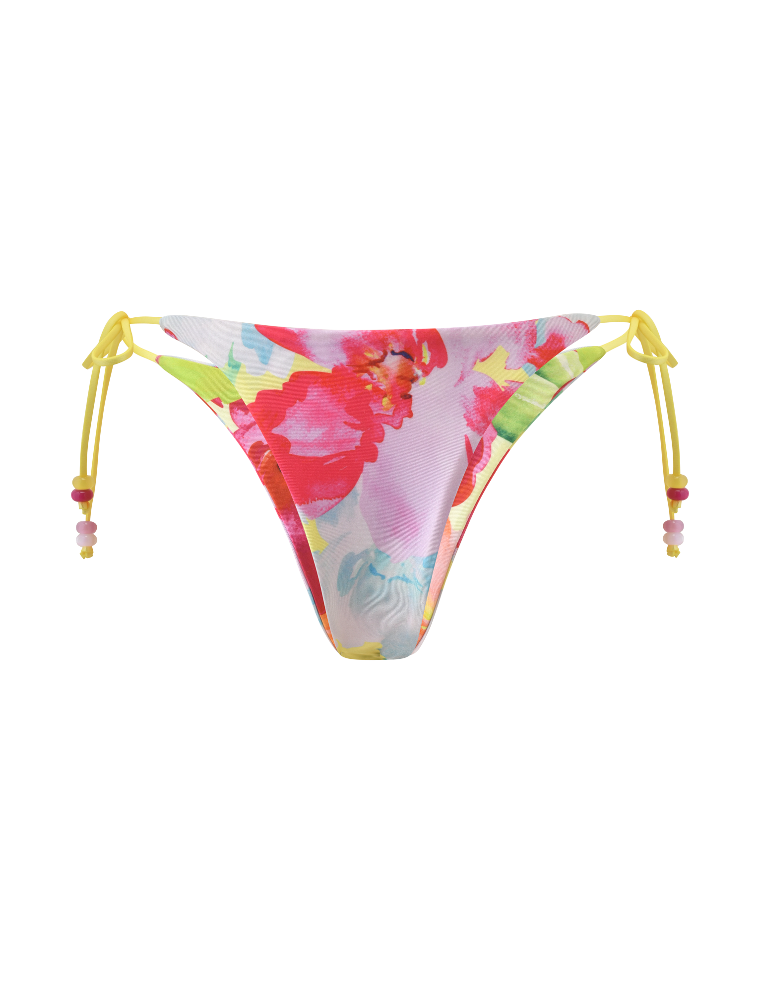 The TIGERMIST FINLEA REVERSIBLE BIKINI BOTTOM in Garden Daiquiri Floral features a pink, red, and green watercolor floral print, a cheeky cut, and yellow side strings with bead accents, shown on a plain white background.