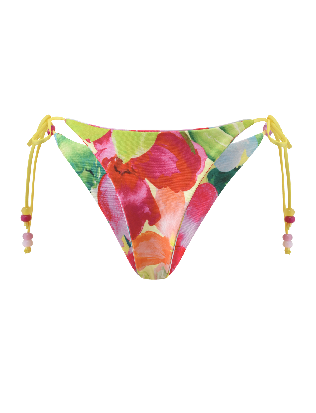 The FINLEA REVERSIBLE BIKINI BOTTOM - GARDEN DAIQUIRI FLORAL by TIGERMIST features a cheeky multicolour floral print, adjustable yellow string ties with pink and white beads, set against a white background.