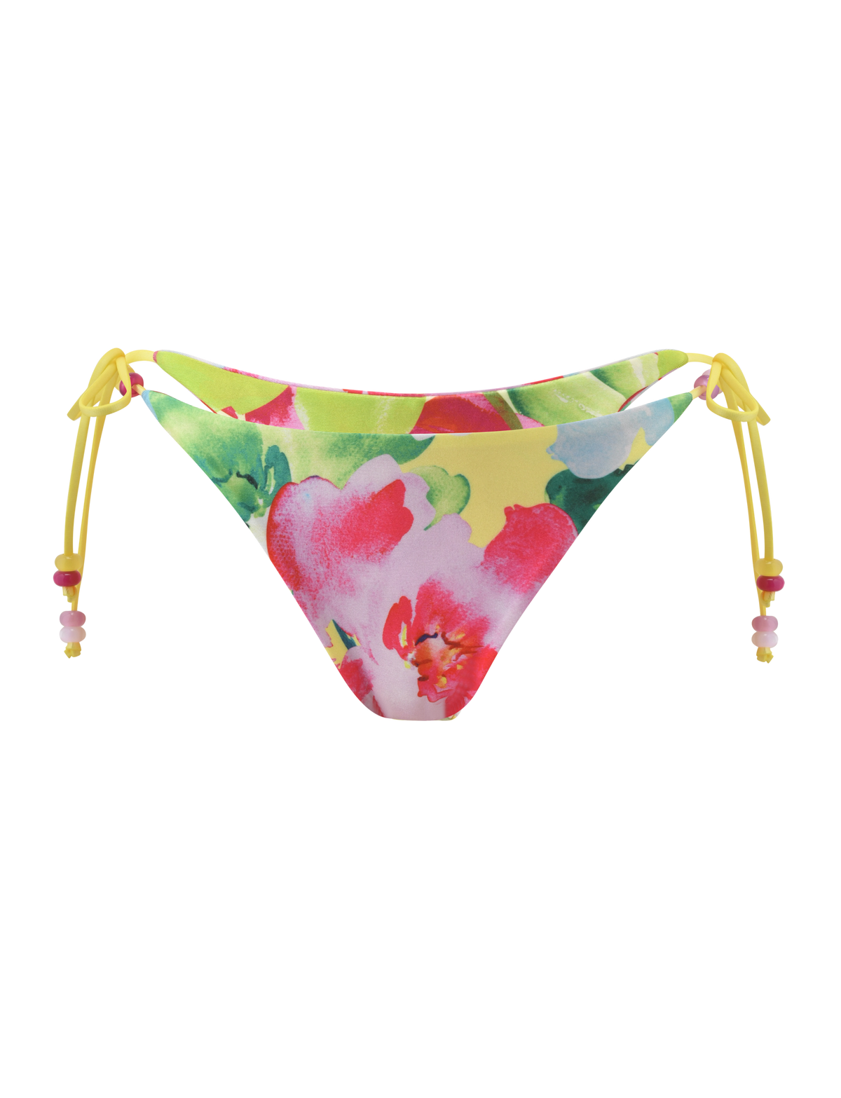 The TIGERMIST FINLEA Reversible Bikini Bottom in Garden Daiquiri Floral features yellow string ties, playful side beads, and a vibrant multicolour floral print on a light yellow base for a summery look.