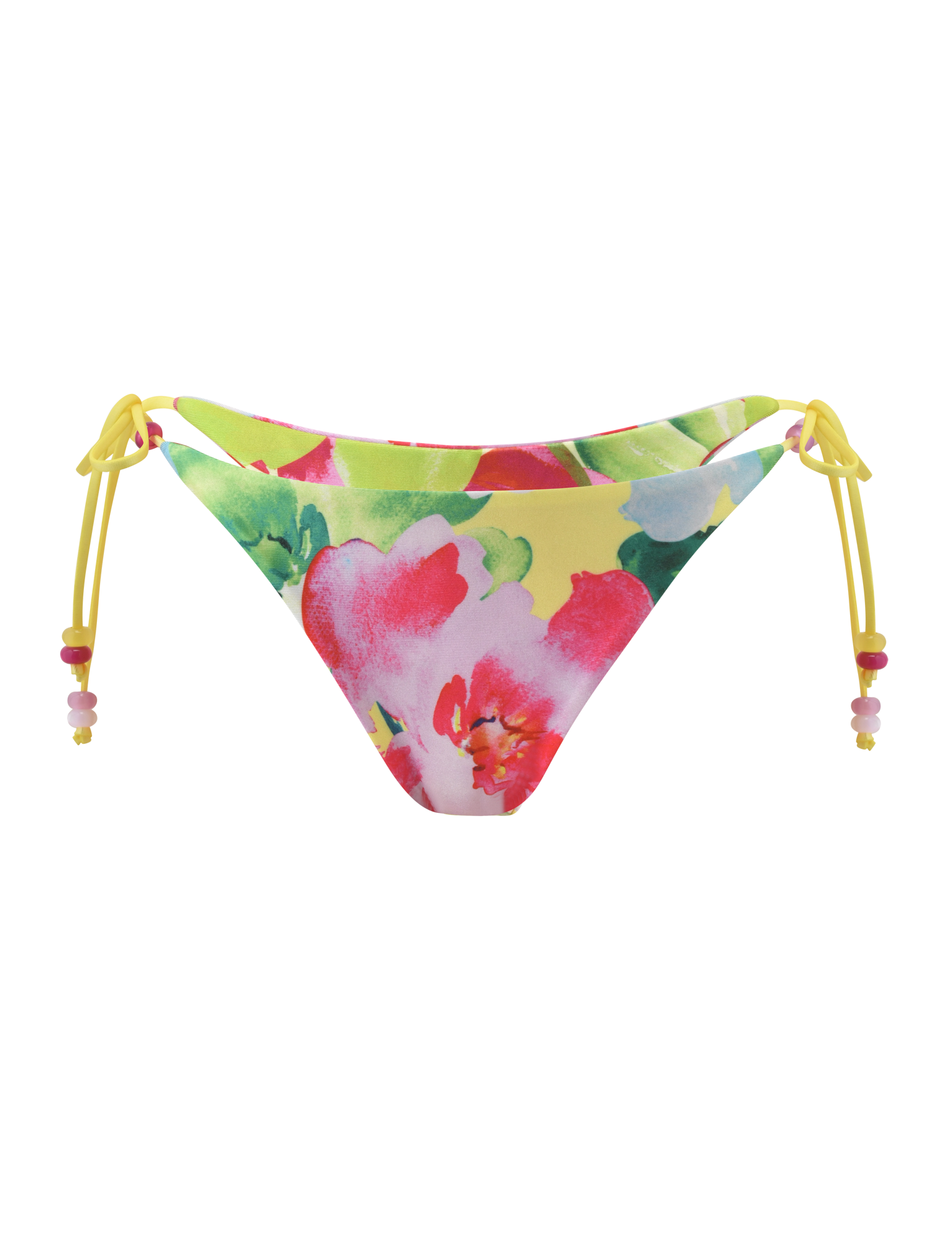 The TIGERMIST FINLEA Reversible Bikini Bottom in Garden Daiquiri Floral features yellow string ties, playful side beads, and a vibrant multicolour floral print on a light yellow base for a summery look.