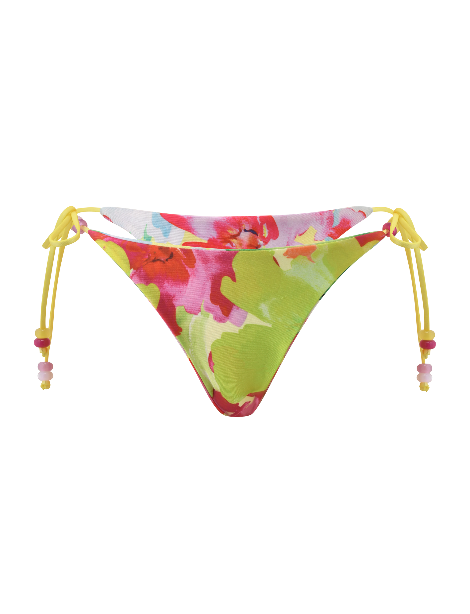 The TIGERMIST FINLEA REVERSIBLE BIKINI BOTTOM in Garden Daiquiri Floral features a multicolour abstract flower pattern, yellow side string ties with colorful beads, and a cheeky cut for a playful summer look.