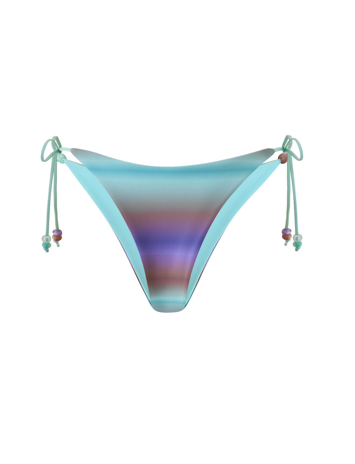 The TIGERMIST REVERSIBLE FINLEA BIKINI BOTTOM in Mermaid Ombre Stripe features a multicolour ombre stripe design with blue, purple, and brown tones, side ties adorned with small bead accents, and a cheeky bikini cut, displayed on a white background.