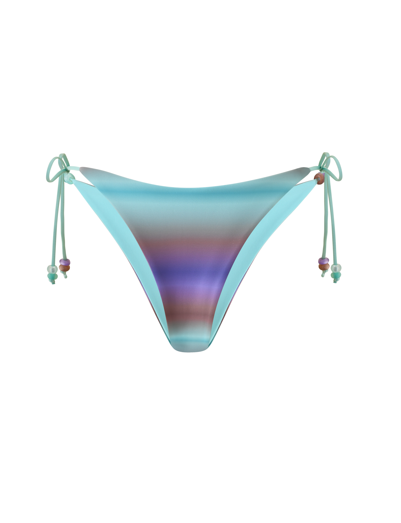 The TIGERMIST REVERSIBLE FINLEA BIKINI BOTTOM in Mermaid Ombre Stripe features a multicolour ombre stripe design with blue, purple, and brown tones, side ties adorned with small bead accents, and a cheeky bikini cut, displayed on a white background.