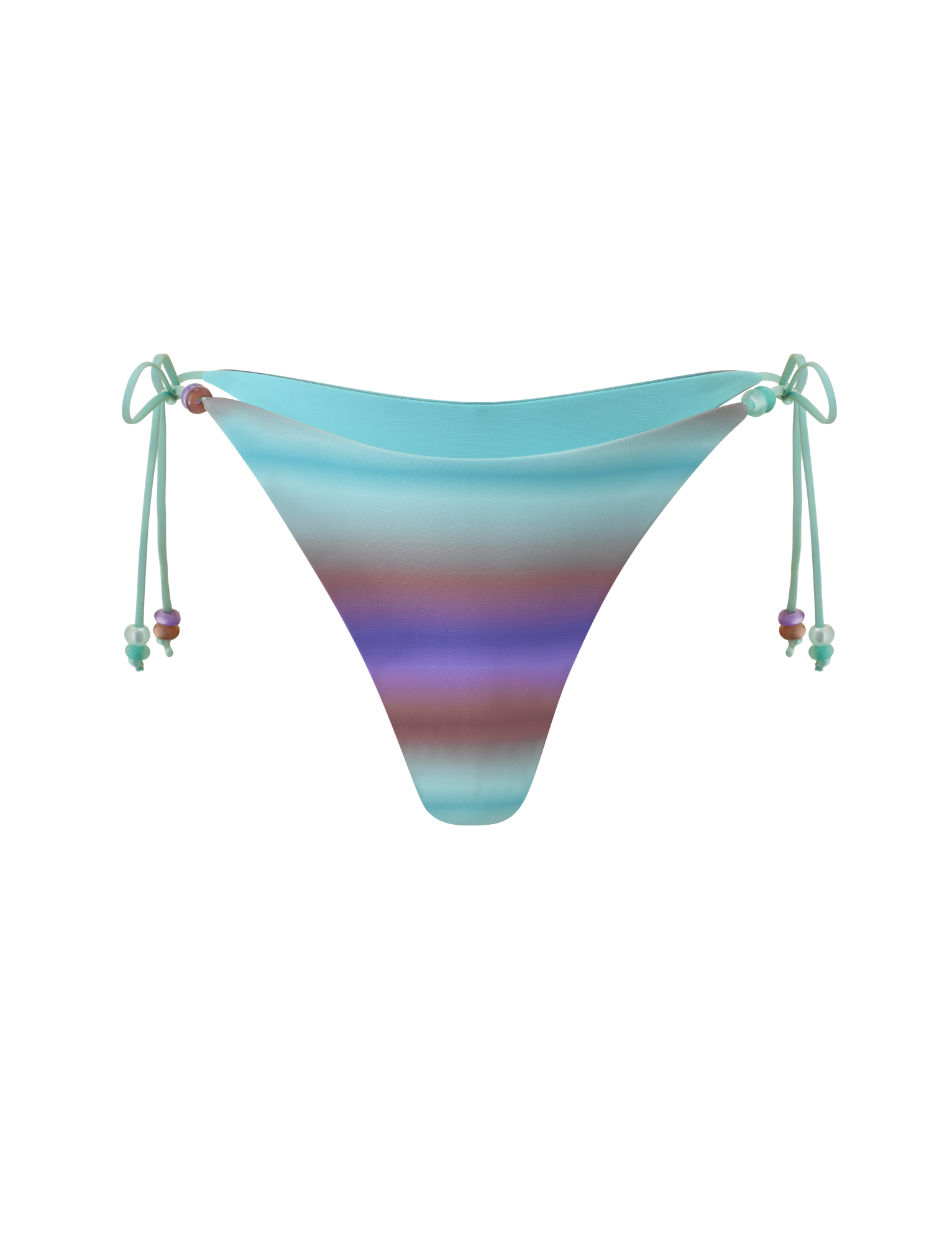 The REVERSIBLE FINLEA BIKINI BOTTOM - MERMAID OMBRE STRIPE by TIGERMIST features a cheeky bikini cut with a multicolour ombre stripe pattern in light blue, purple, and brown horizontal stripes. This bottom is designed with adjustable side ties adorned with small colorful beads and is displayed on a plain white background.