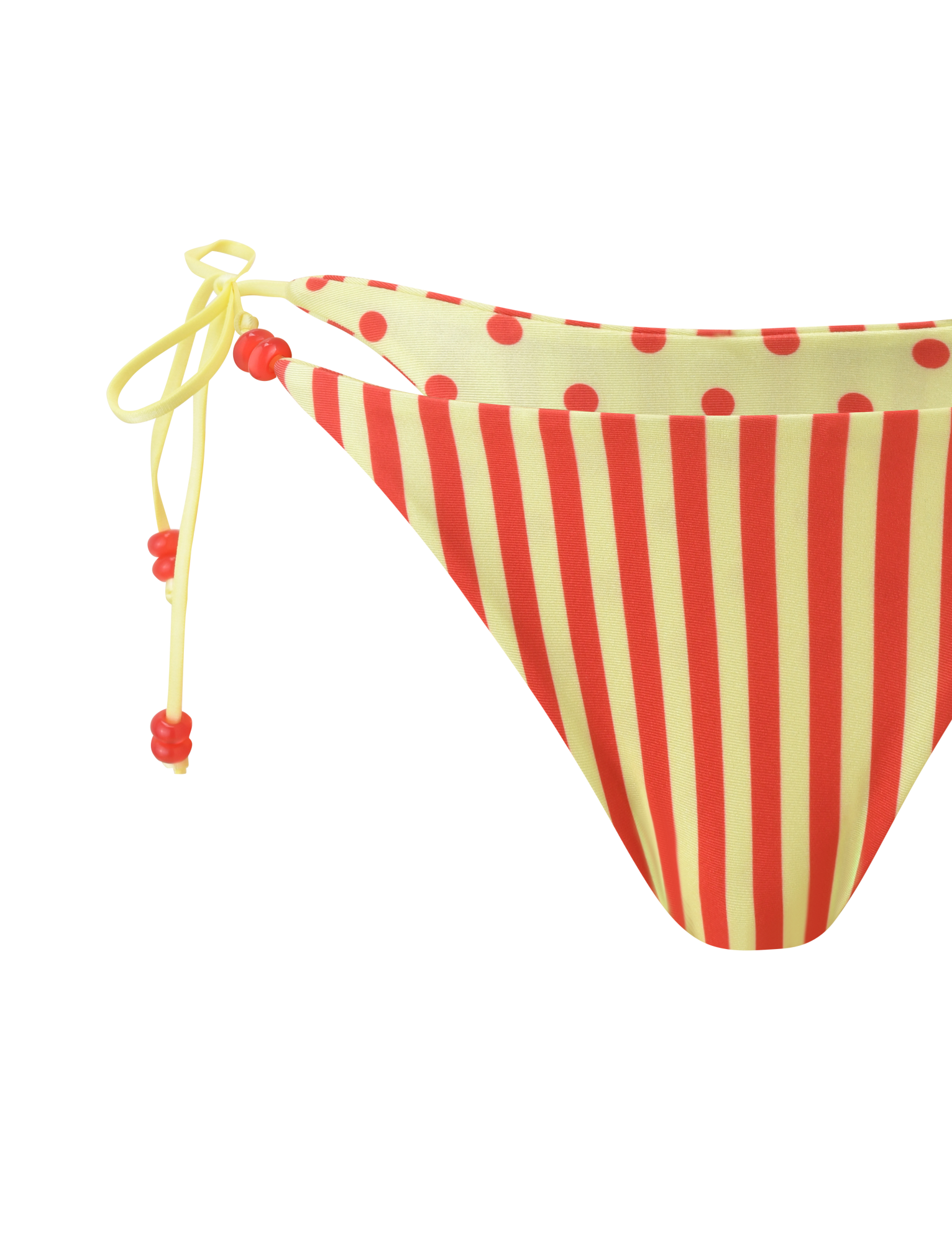 The TIGERMIST FINLEA REVERSIBLE BIKINI BOTTOM features a red and yellow dot and stripe design with cheeky, side tie cut and red bead accents, shown on a white background.