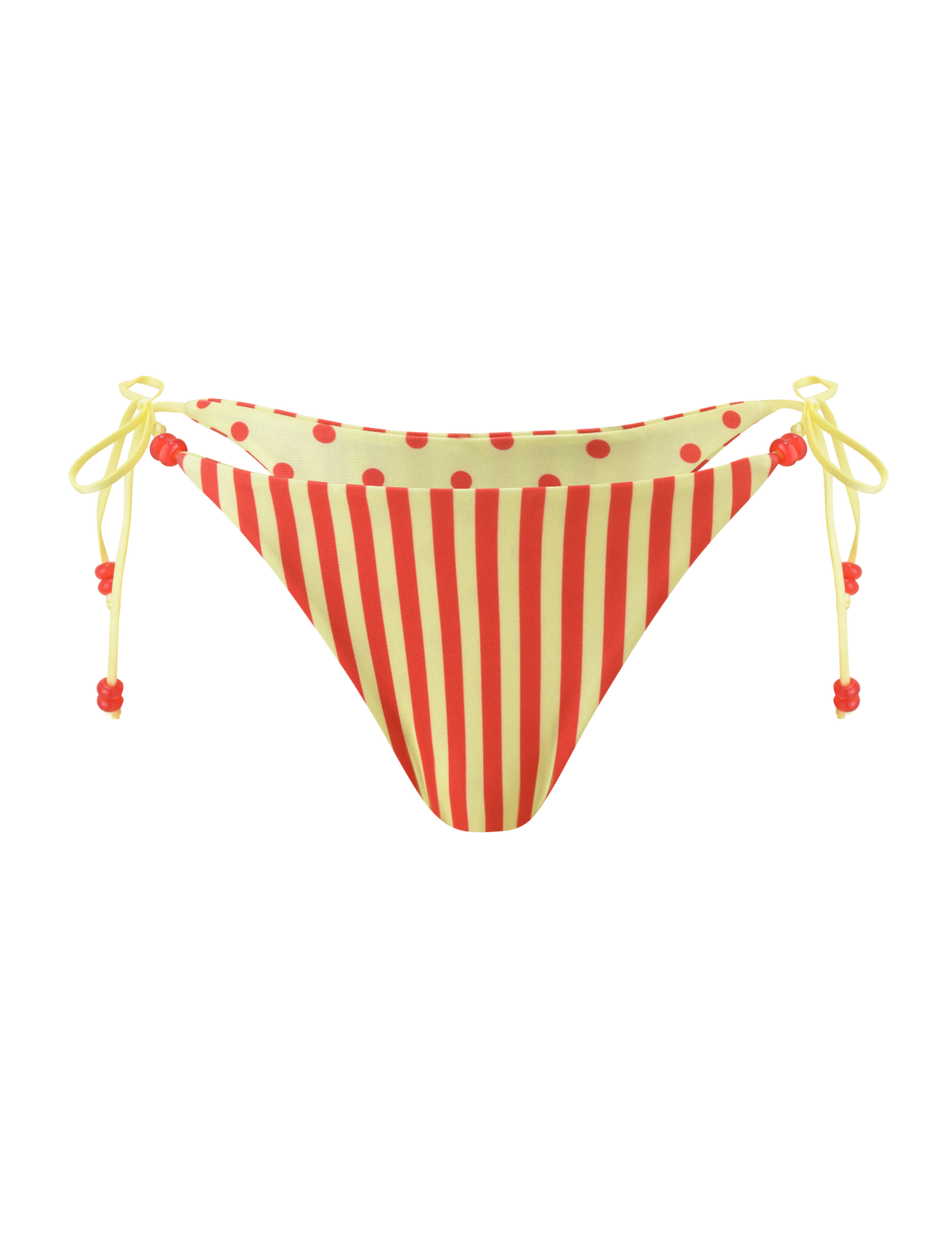 The TIGERMIST FINLEA REVERSIBLE BIKINI BOTTOM features a yellow cheeky cut with red front stripes, a red polka dot waistband, and yellow side ties with red bead accents.