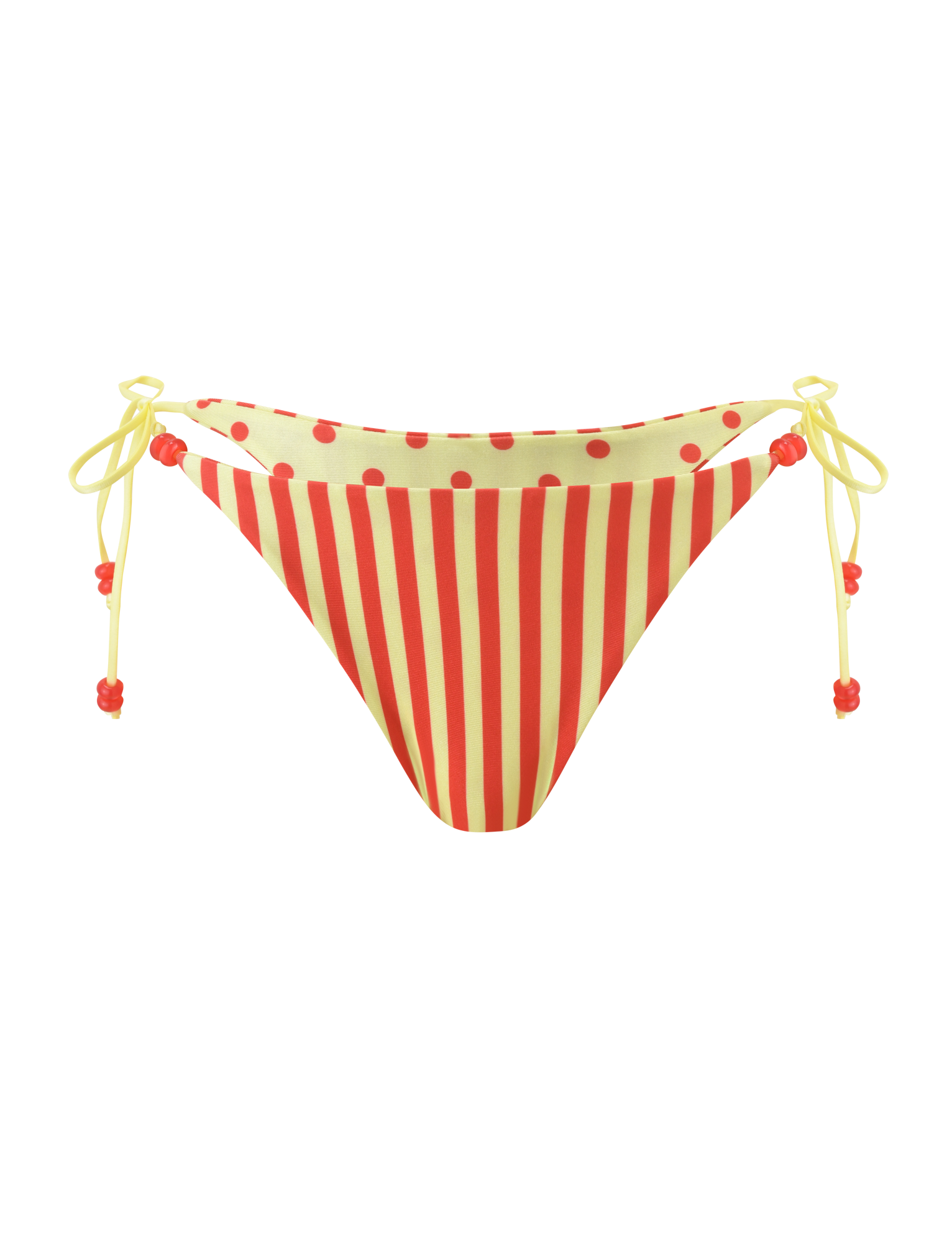 The TIGERMIST FINLEA REVERSIBLE BIKINI BOTTOM features a yellow cheeky cut with red front stripes, a red polka dot waistband, and yellow side ties with red bead accents.
