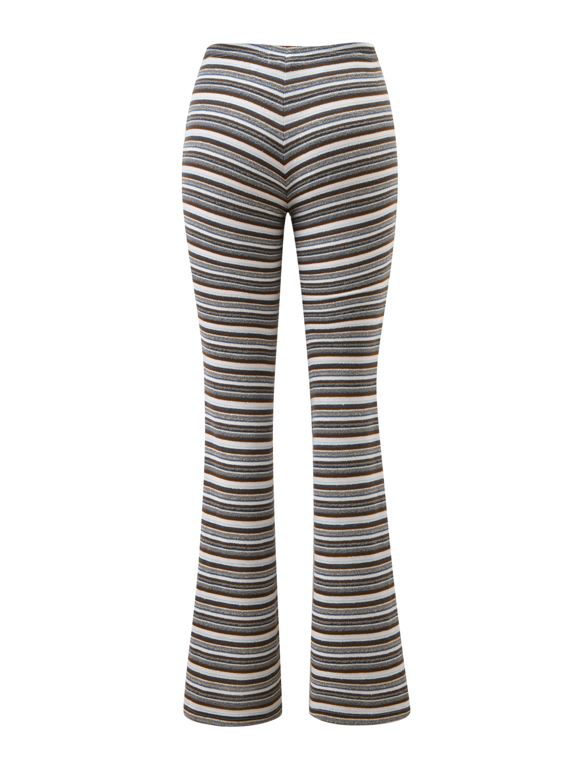 Back view of TIGERMIST's DILLON PANT in blue and brown stripes, featuring a flared silhouette with horizontal stripes, shown on a plain white background.
